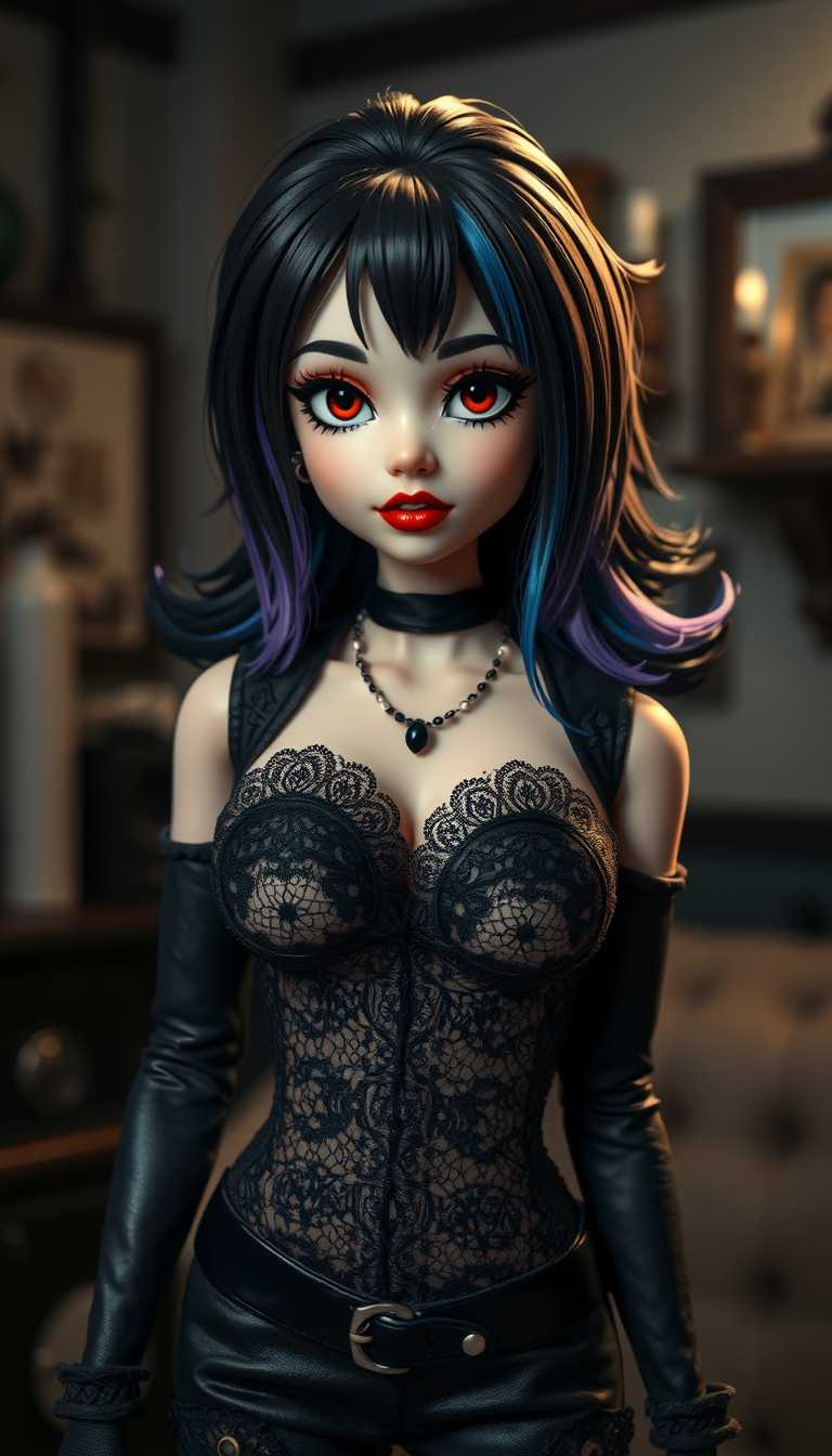 A highly detailed portrait of a doll with an emo aesthetic, featuring a busty figure. The doll's attire is a mix of black lace and leather, with striking contrasts of dark purple and crimson red accents. Her hair is styled in thick, layered black locks, with streaks of electric blue, creating a dramatic and rebellious look. The lighting is soft, with a slight spotlight effect that casts delicate shadows, emphasizing the doll's intricately painted facial features, including heavily lined eyes and deep crimson lips. The setting is a dimly lit room with gothic decor, enhancing the moody and mysterious atmosphere. The camera angle is slightly elevated, capturing the doll's confident and enigmatic pose, reminiscent of a high-fashion photo shoot, in a contemporary art style.