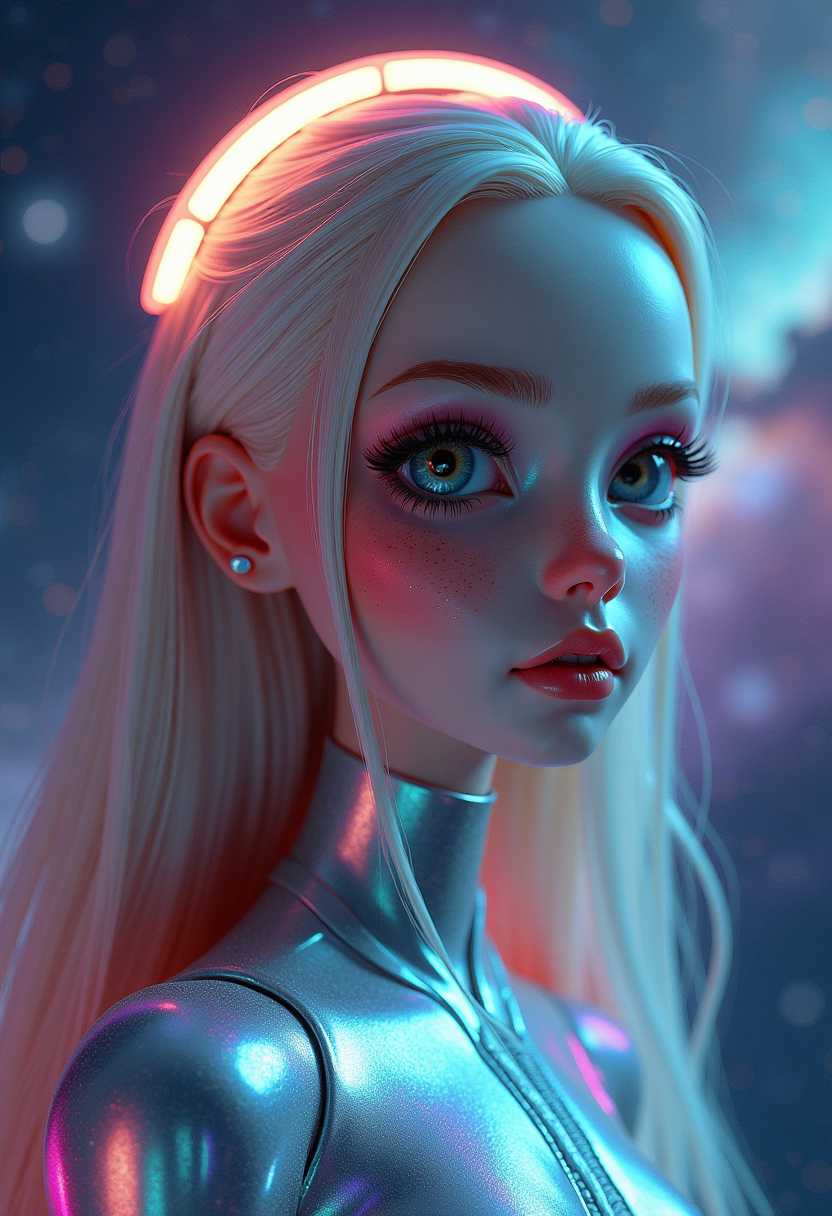 Create a captivating image of a retrofuturistic space doll, adorned with delicate freckles. The doll has glossy, metallic skin with a shimmering opalescent finish, reflecting ambient light in hues of silver and cyan. Her eyes are large and expressive, emitting a soft luminescent glow that hints at advanced technology.

Stylized in a mid-20th-century vision of the future combined with modern aesthetics, incorporate sleek lines and geometric patterns into her attire, reminiscent of 1960s sci-fi fashion. The doll is suspended in a zero-gravity environment, with long, flowing hair that defies gravity, creating a halo effect around her head.

Set against the backdrop of a distant nebula, the colors of space swirl in vibrant purples and blues, dotted with sparkling stars. Illuminate the scene with ambient light emanating from nearby celestial bodies, casting an ethereal glow that enhances the doll's futuristic aura. The mood is otherworldly and serene, capturing the allure and mystery of an interstellar journey.

Use a soft focus and a tilt-shift lens effect to emphasize the subject while slightly blurring the cosmic surroundings, adding depth and a dreamy quality to the composition.