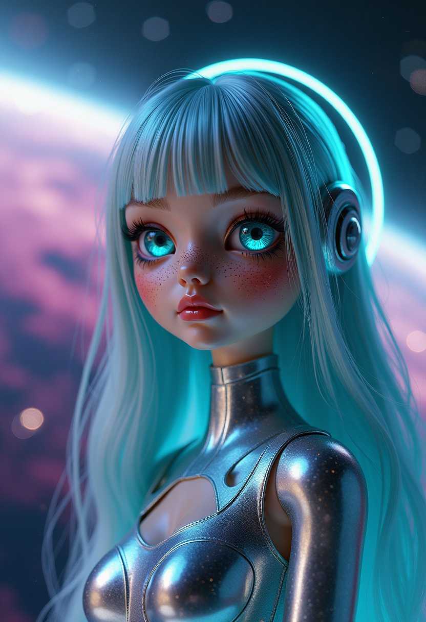 Create a captivating image of a retrofuturistic space doll, adorned with delicate freckles. The doll has glossy, metallic skin with a shimmering opalescent finish, reflecting ambient light in hues of silver and cyan. Her eyes are large and expressive, emitting a soft luminescent glow that hints at advanced technology.

Stylized in a mid-20th-century vision of the future combined with modern aesthetics, incorporate sleek lines and geometric patterns into her attire, reminiscent of 1960s sci-fi fashion. The doll is suspended in a zero-gravity environment, with long, flowing hair that defies gravity, creating a halo effect around her head.

Set against the backdrop of a distant nebula, the colors of space swirl in vibrant purples and blues, dotted with sparkling stars. Illuminate the scene with ambient light emanating from nearby celestial bodies, casting an ethereal glow that enhances the doll's futuristic aura. The mood is otherworldly and serene, capturing the allure and mystery of an interstellar journey.

Use a soft focus and a tilt-shift lens effect to emphasize the subject while slightly blurring the cosmic surroundings, adding depth and a dreamy quality to the composition.