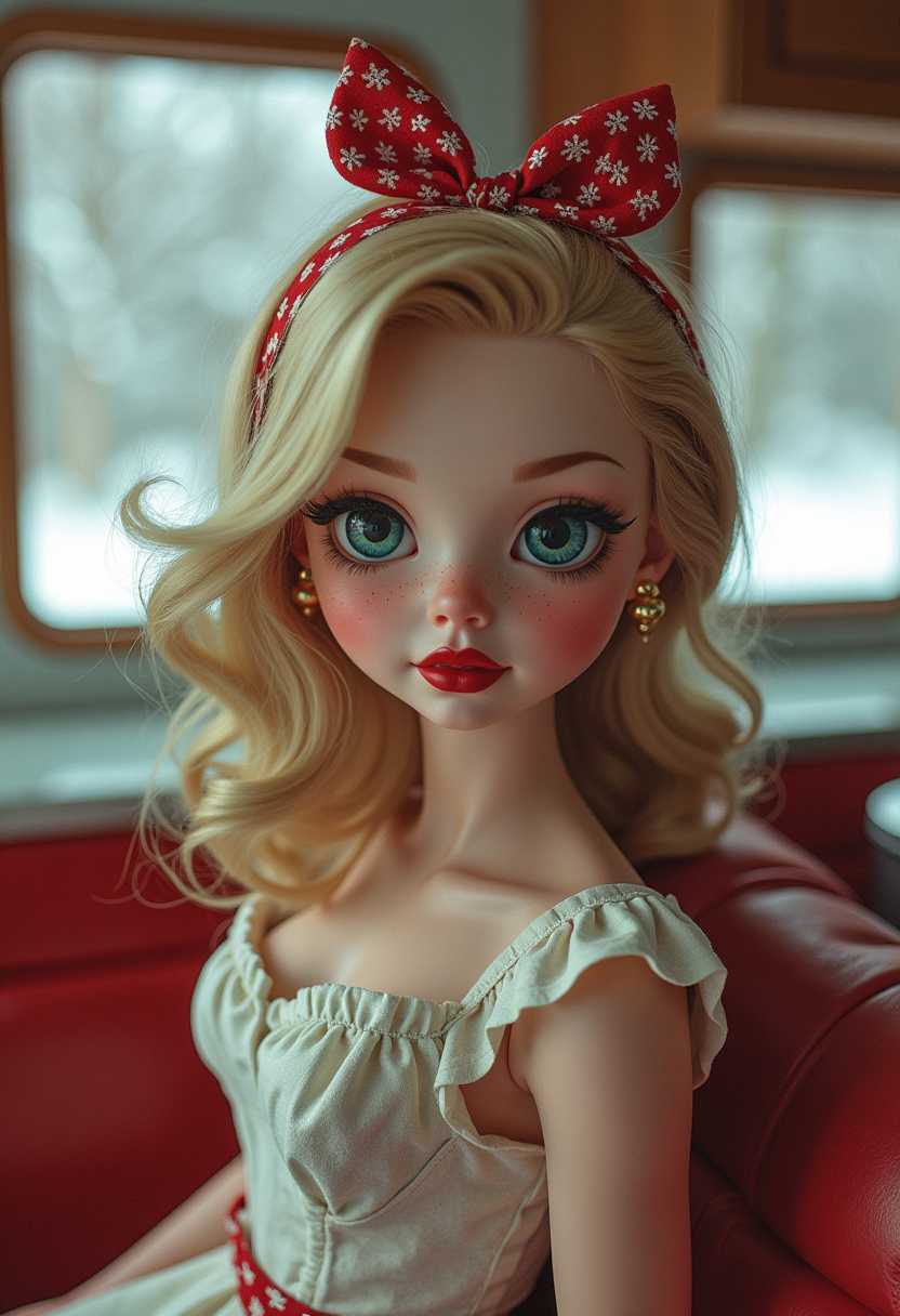 Create a captivating image of a retrofuturistic 1950s doll, adorned with delicate freckles.  in a hyper modern kitchen with large windows and cadillacs parked outside. Snow, xmas