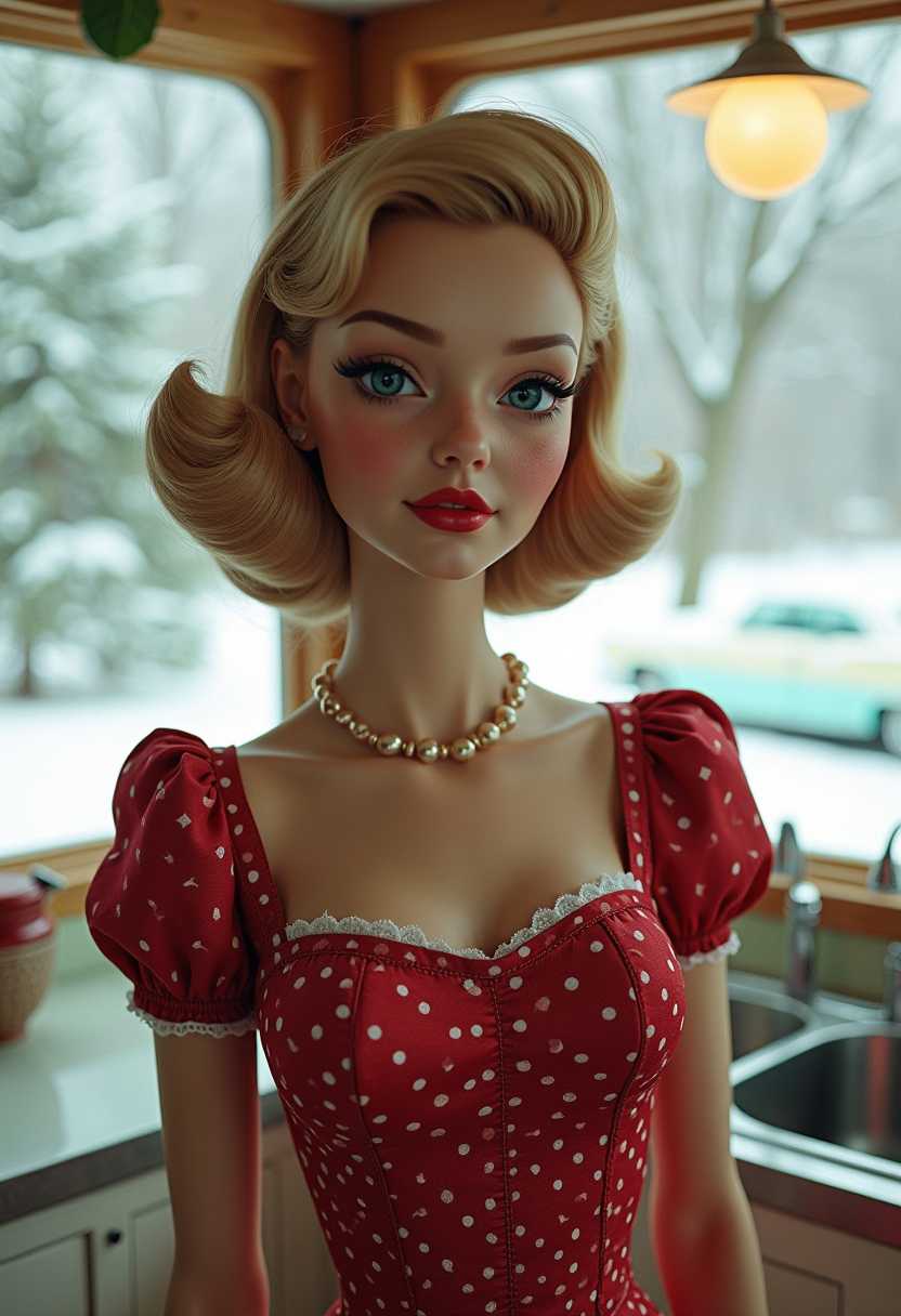 Create a captivating image of a retrofuturistic 1950s doll, adorned with delicate freckles.  in a hyper modern kitchen with large windows and cadillacs parked outside. Snow, xmas