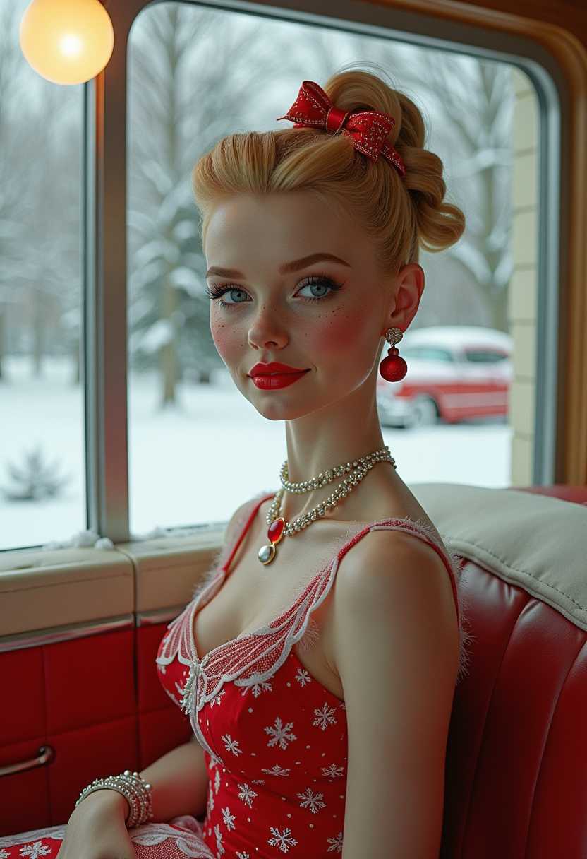 Create a captivating image of a retrofuturistic 1950s doll, adorned with delicate freckles.  in a hyper modern kitchen with large windows and cadillacs parked outside. Snow, xmas