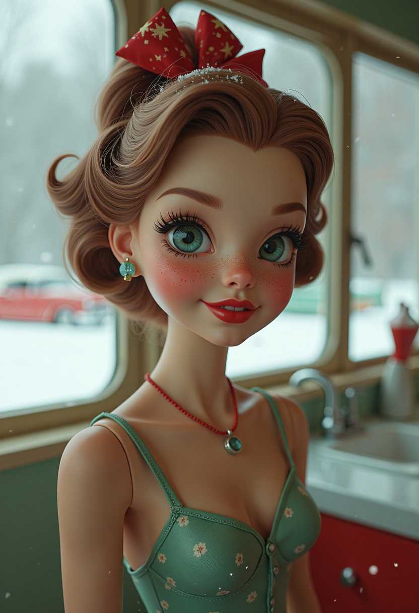 Create a captivating image of a retrofuturistic 1950s doll, adorned with delicate freckles.  in a hyper modern kitchen with large windows and cadillacs parked outside. Snow, xmas