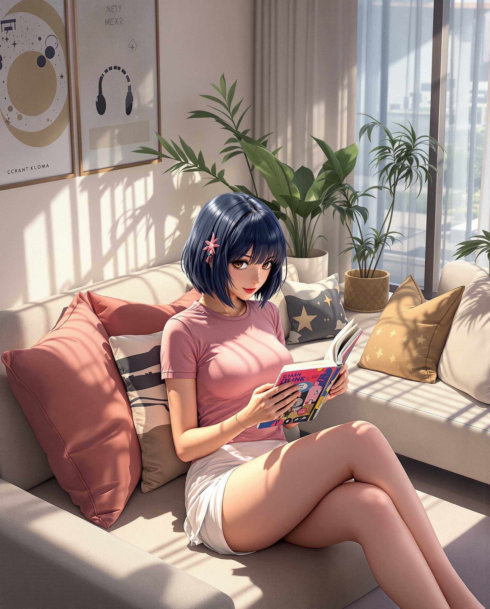 Sozo is depicted with her iconic short dark blue hairstyle, layered hair with a distinctive fringe. Her brown eyes are wide and expressive, reflecting a lively personality.

she's wearing Japanese high school girl look with big breast, pink thin top, no jewelry on the neck,  with bold shades that capture the dynamic energy of manga illustrations. very short white tennis skirt, with folded legs reading a book, with a slight above camera angle to emphasize her youthful demeanor and spirited nature.

 She is sitting on her couch.

Her setting is in a

a chic middle-class living room blends comfort and elegance, featuring a plush sectional in a neutral tone paired with vibrant throw pillows for a pop of color. A sleek coffee table with decorative accents sits atop a soft area rug, adding warmth and style to the space. Large windows with sheer curtains allow natural light to flood the room, while minimalistic wall art and a few potted plants complete the cozy yet sophisticated look.

Subtly hinting at cosmic or supernatural themes, while keeping the focus firmly on Sozo. The lighting is gentle yet dramatic, casting soft shadows that add depth and highlight the delicate lines and intricate details of her facial features. 