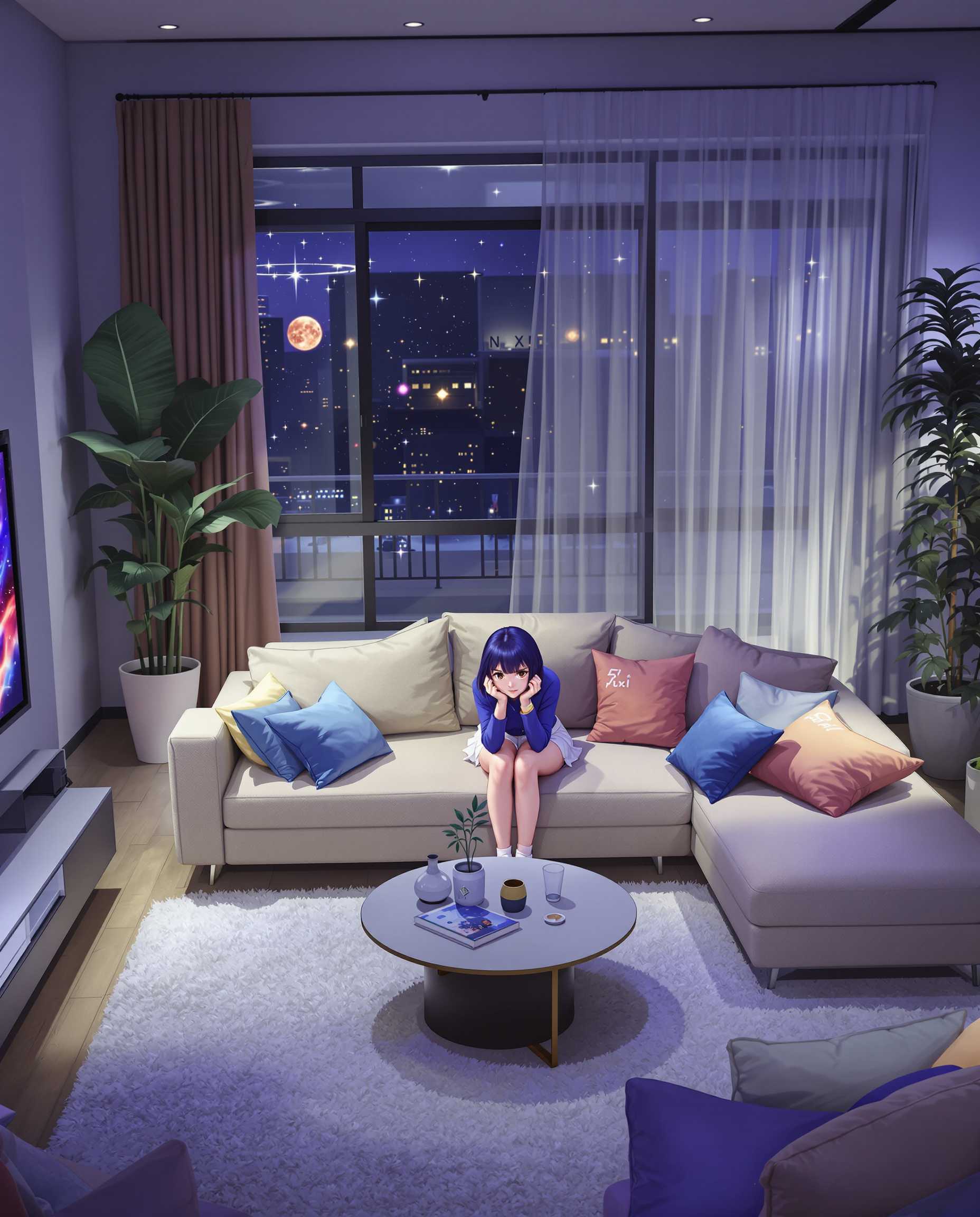 Sozo is depicted with her iconic short dark blue hairstyle, layered hair with a distinctive fringe. Her brown eyes are wide and expressive, reflecting a lively personality.

she's wearing Japanese high school girl look with big breast, blue fine strop crop top, no jewelry on the neck,  with bold shades that capture the dynamic energy of manga illustrations. very short white tennis skirt, with a slight above camera angle to emphasize her youthful demeanor and spirited nature.

 She is sitting on her couch watching tv.

Her setting is in a

a chic middle-class living room blends comfort and elegance, featuring a plush sectional in a neutral tone paired with vibrant throw pillows for a pop of color. A sleek coffee table with decorative accents sits atop a soft area rug, adding warmth and style to the space. Large windows with sheer curtains allow natural light to flood the room, while minimalistic wall art and a few potted plants complete the cozy yet sophisticated look.

Subtly hinting at cosmic or supernatural themes, while keeping the focus firmly on Sozo. The lighting is gentle yet dramatic, casting soft shadows that add depth and highlight the delicate lines and intricate details of her facial features. 
