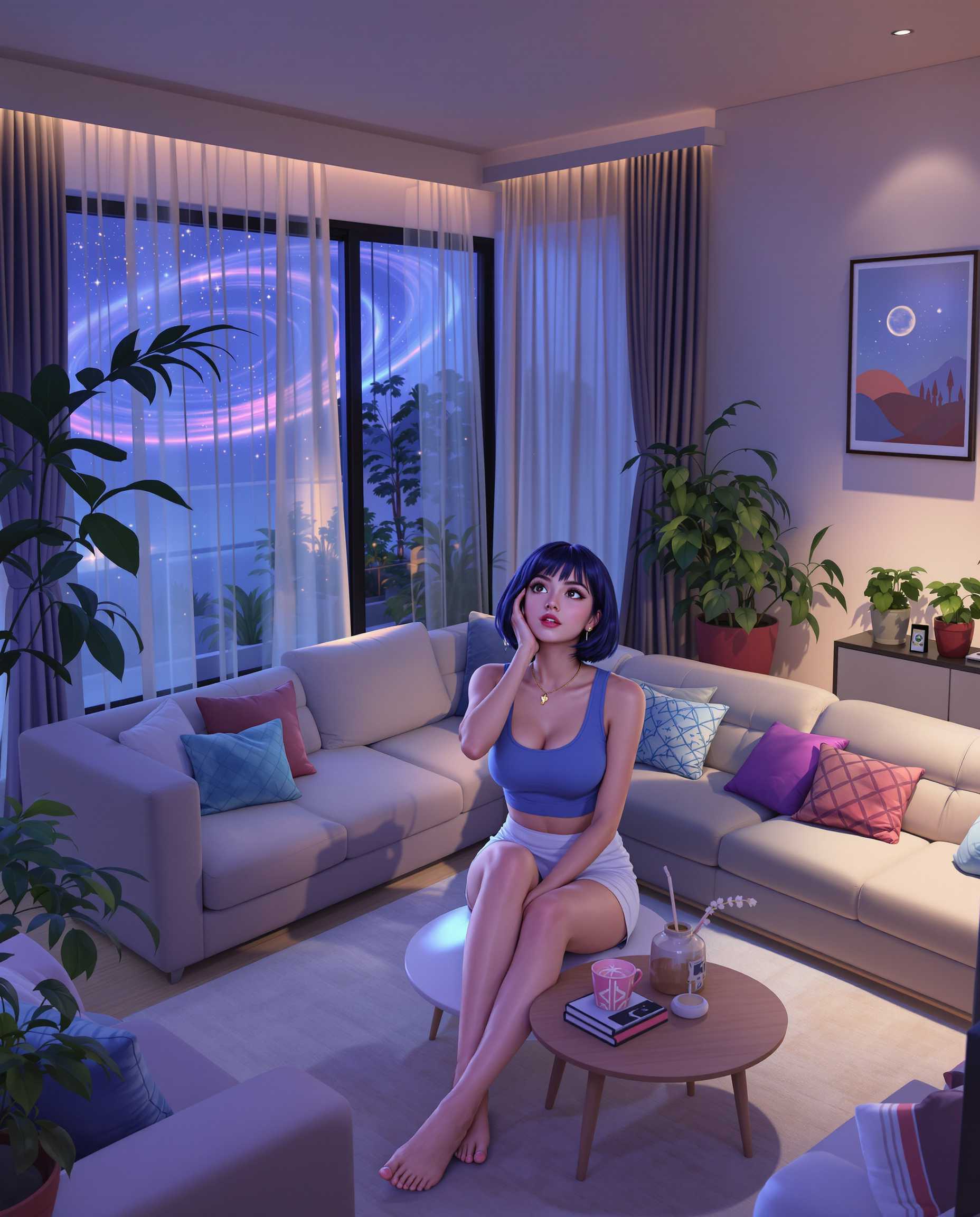 Sozo is depicted with her iconic short dark blue hairstyle, layered hair with a distinctive fringe. Her brown eyes are wide and expressive, reflecting a lively personality.

she's wearing Japanese high school girl look with big breast, blue sleeveless crop top, no jewelry on the neck,  with bold shades that capture the dynamic energy of manga illustrations. very short white tennis skirt, with a slight above camera angle to emphasize her youthful demeanor and spirited nature.

 She is sitting on her couch watching evening tv. her head turns toward the tv

Her setting is in a

a chic middle-class living room blends comfort and elegance, featuring a plush sectional in a neutral tone paired with vibrant throw pillows for a pop of color. A sleek coffee table with decorative accents sits atop a soft area rug, adding warmth and style to the space. Large windows with sheer curtains allow natural light to flood the room, while minimalistic wall art and a few potted plants complete the cozy yet sophisticated look.

Subtly hinting at cosmic or supernatural themes, while keeping the focus firmly on Sozo. The lighting is gentle yet dramatic, casting soft shadows that add depth and highlight the delicate lines and intricate details of her facial features. 