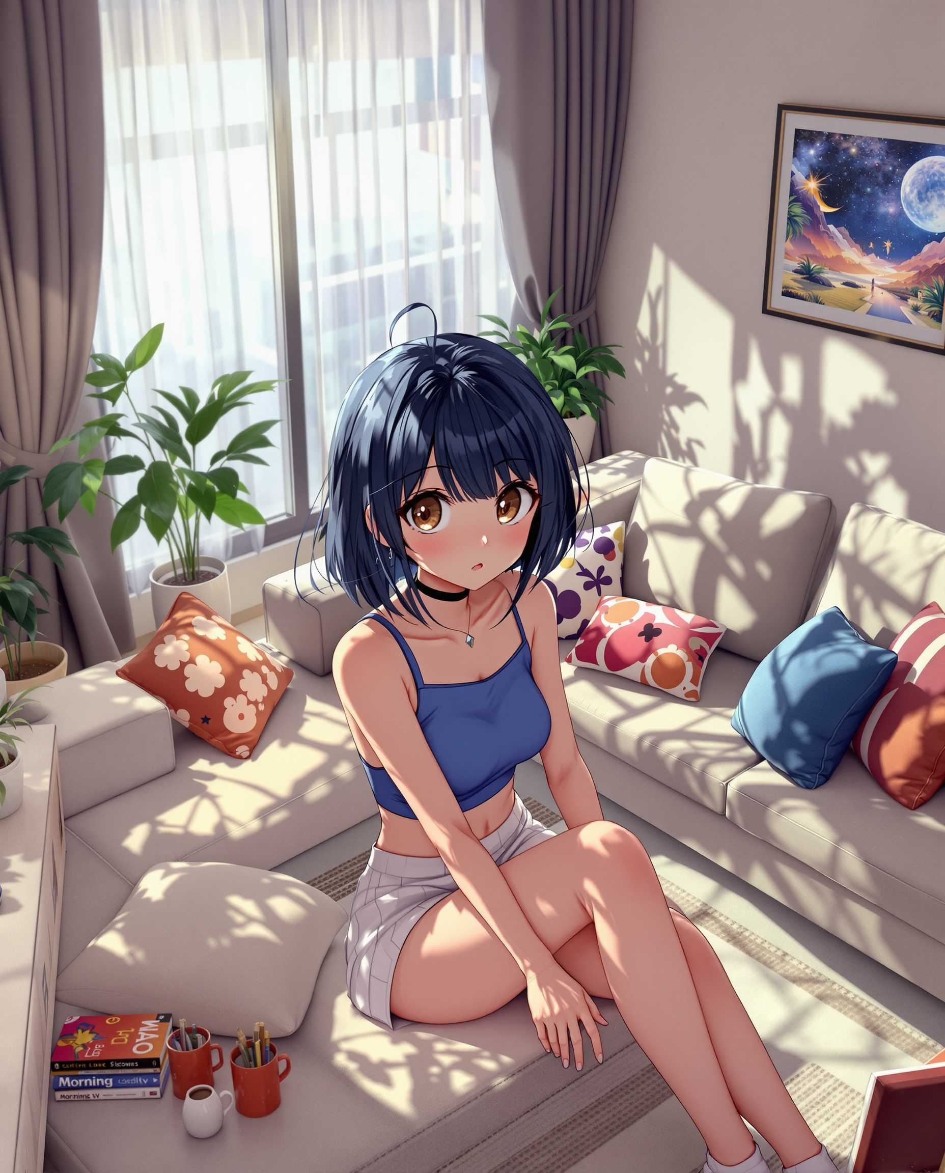 Sozo is depicted with her iconic short dark blue hairstyle, layered hair with a distinctive fringe. Her brown eyes are wide and expressive, reflecting a lively personality.

she's wearing Japanese high school girl look with big breast, blue sleeveless crop top, no jewelry on the neck,  with bold shades that capture the dynamic energy of manga illustrations. very short white tennis skirt, with a slight above camera angle to emphasize her youthful demeanor and spirited nature.

 She is sitting on her couch. watching morning tv. 

Her setting is in a

a chic middle-class living room blends comfort and elegance, featuring a plush sectional in a neutral tone paired with vibrant throw pillows for a pop of color. A sleek coffee table with decorative accents sits atop a soft area rug, adding warmth and style to the space. Large windows with sheer curtains allow natural light to flood the room, while minimalistic wall art and a few potted plants complete the cozy yet sophisticated look.

Subtly hinting at cosmic or supernatural themes, while keeping the focus firmly on Sozo. The lighting is gentle yet dramatic, casting soft shadows that add depth and highlight the delicate lines and intricate details of her facial features. 
