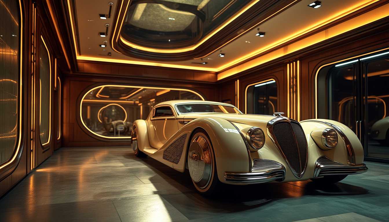 A wide-angle shot of a futuristic luxury car that blends Art Deco and 1930s design, crafted with rich wooden panels and ivory accents. Captured from a daring low angle, the image emphasizes the geometric patterns and intricate textures. High contrast lighting and edge illumination enhance the bold Art Deco motifs, casting dramatic shadows and highlights. The scene is bathed  exuding opulence and timeless sophistication. This fusion of classic elegance and futuristic innovation is framed in a dynamic, cinematic composition, evoking a sense of luxurious serenity and avant-garde style.