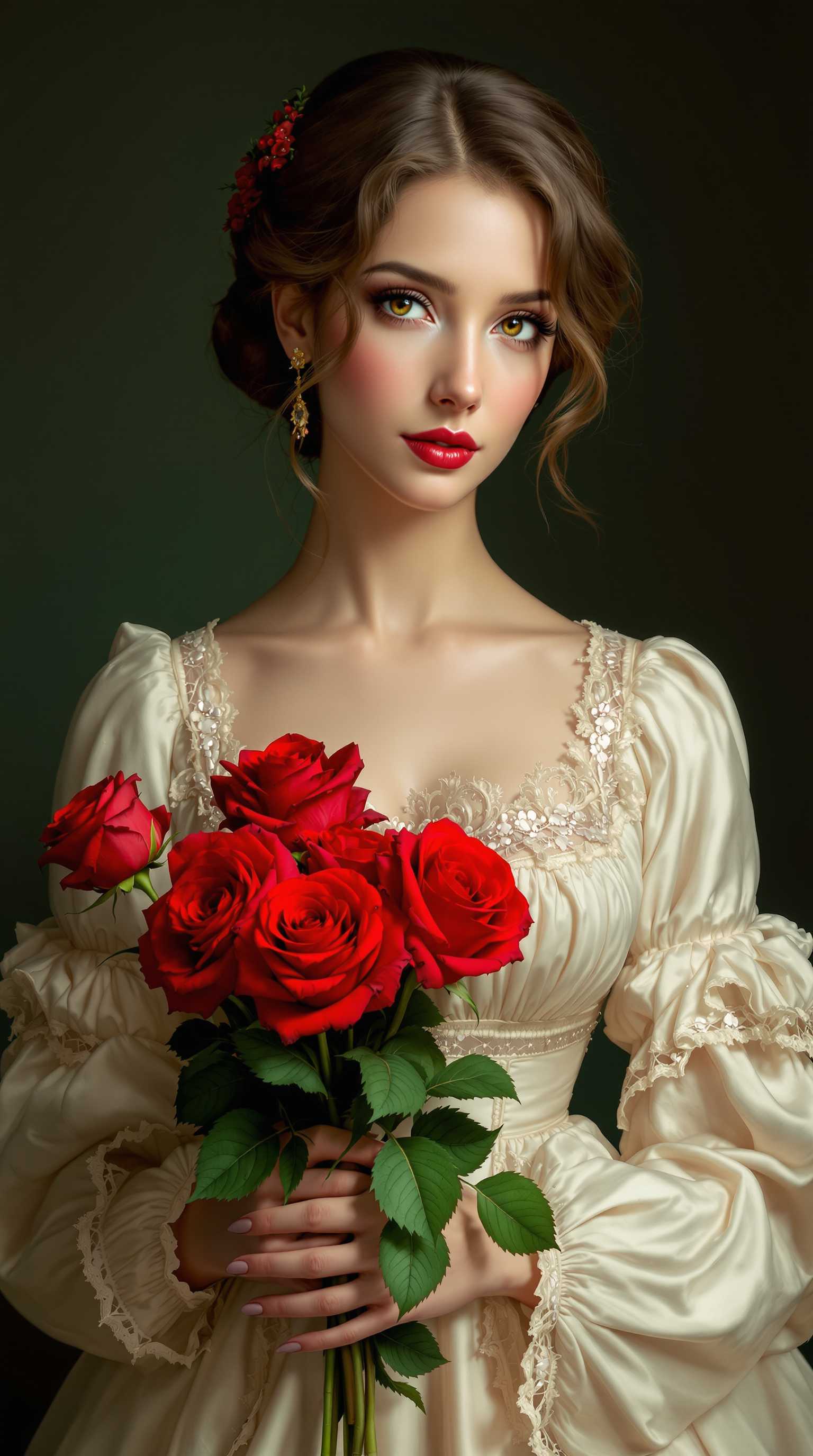 This image is a digitally created artwork that captures a woman in a classical, romantic style. The art style is reminiscent of a traditional portrait painting, with a focus on the subjects beauty and the intricate details of her attire and the bouquet of roses she holds.The medium appears to be a digital painting, given the smooth blending of colors and the lack of texture that one might expect from a traditional oil painting. The lighting and shadows are expertly rendered, creating a realistic and threedimensional effect.The colors in the image are rich and vibrant. The womans dress is a creamy white with delicate lace details, which contrasts beautifully with the deep red of the roses. The roses are depicted with a high level of detail, showcasing the velvety petals and the realistic green leaves. The background is a muted, dark green, which serves to highlight the subject and the bouquet.The objects in the image are the woman, her dress, and the bouquet of roses. The woman is the focal point, with her direct gaze and the elegant way she holds the roses. Her dress is ornate, with lace and ruffles, and the roses add a touch of romance to the composition. The bouquet is a vivid red, with a few roses in various stages of bloom, and the green leaves add a sense of vitality to the image.Overall, the image is a beautifully rendered digital painting that captures the essence of classical romance through its subject, style, and use of color and light.