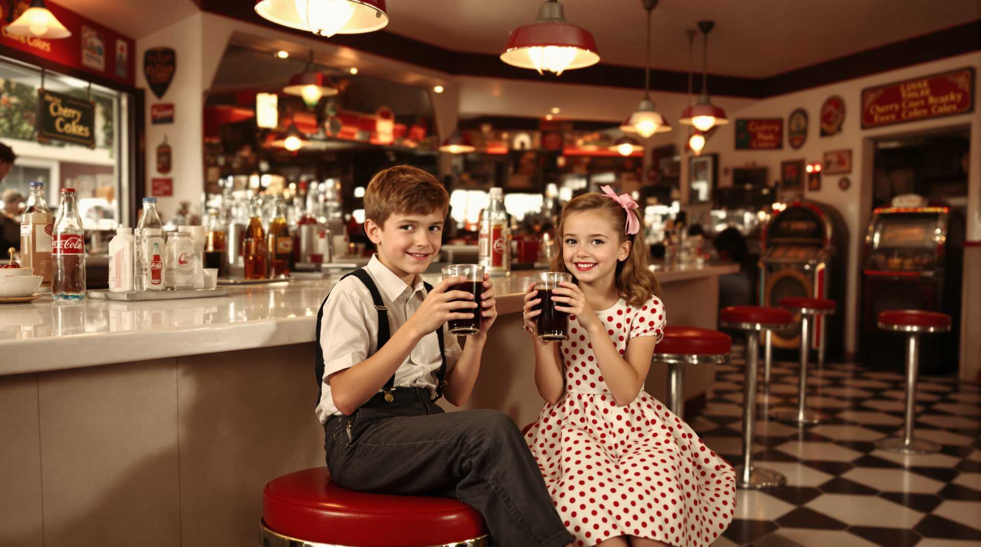 A nostalgic 1950s scene of a boy and a girl seated on vintage chrome and red vinyl soda fountain stools, sipping cherry cokes at an old drug store soda fountain. The interior features classic checkered black and white tile flooring, with a glossy countertop and mirrored backsplash reflecting the warm, ambient light of vintage pendant lamps. The boy, dressed in a collared shirt and suspenders, and the girl, in a polka-dot dress with a ribbon in her hair, both exude an air of youthful innocence and joy. The soda fountain area is filled with glass soda bottles, tin signs, and a jukebox in the corner. The image captures the essence of a bygone era with a soft, sepia-toned filter, evoking nostalgia and warmth in a mid-century Americana style. The camera angle is eye-level, focusing on their expressions and the fizzy cherry cokes they enjoy, capturing the intimate and time-honoring moment of togetherness.