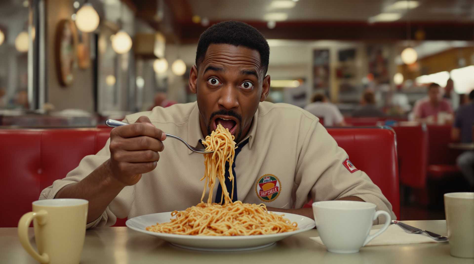 acter will smith eating spaghetti in a 1950's diner..