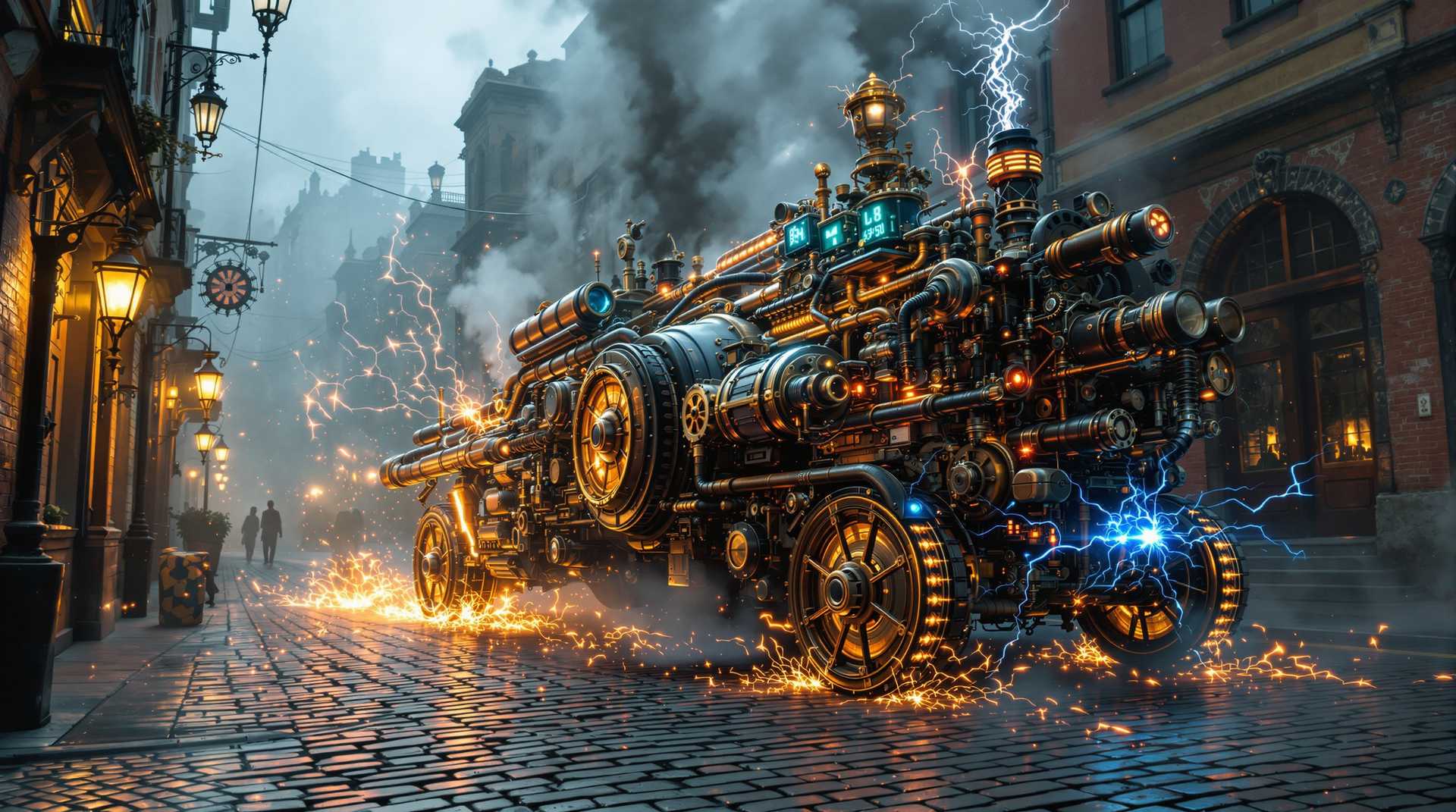 A steampunk-inspired hyperdetailed time machine, horribly mechanical in design, set against a backdrop of an old, misty city street from a bygone era. The vehicle adorned by intricate gears, pipes, & mechanical components, giving it a vintage yet futuristic look. Smoke and sparks emitting from the pipes and mechanical companies. Cobblestone street. Massive Electrical energies swirling around the steampunk time machine as it prepares for its first trip through time.
