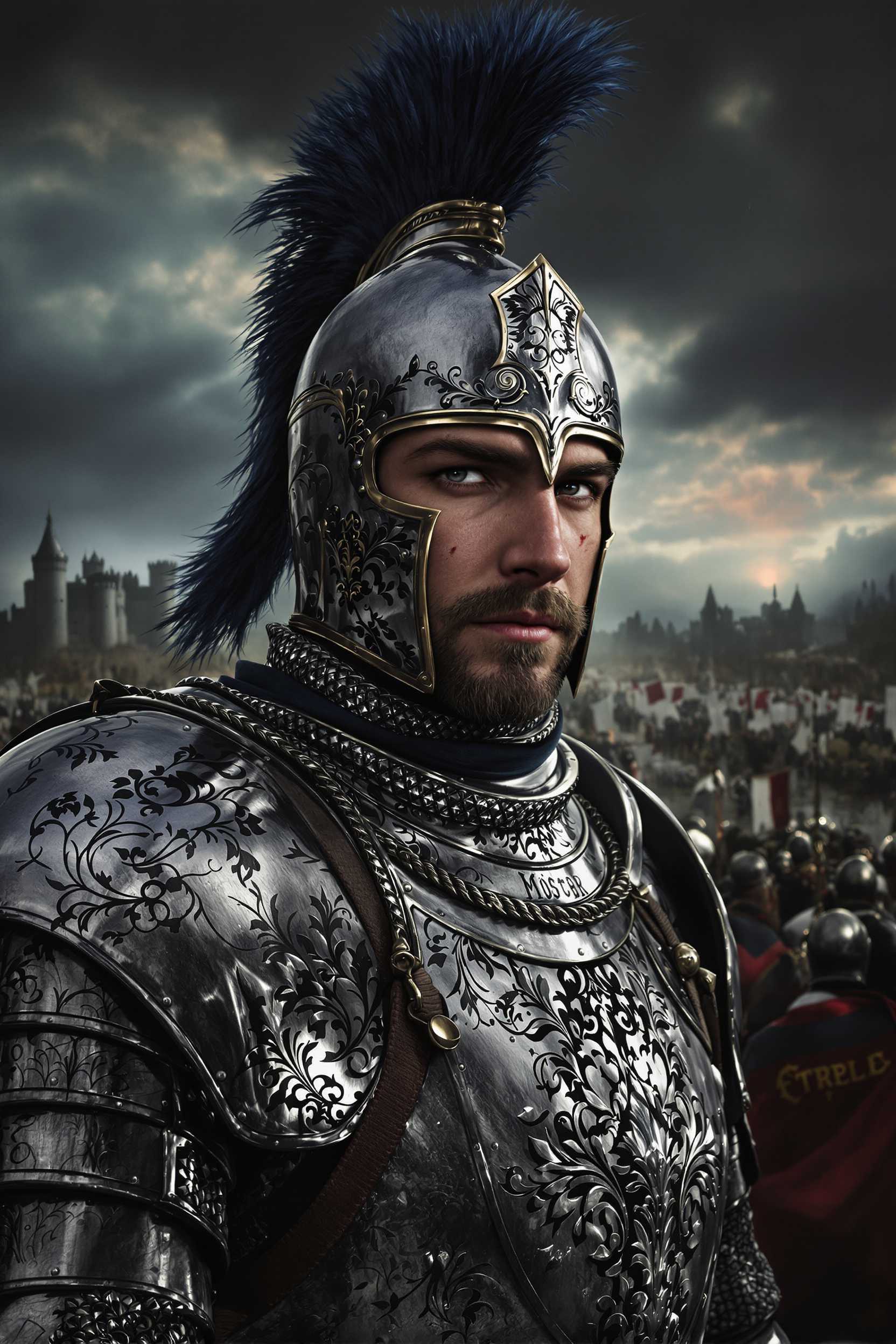 Create a detailed portrait of a medieval knight in full armor. The knight wears a polished steel plate armor with intricate engravings of floral and heraldic designs, reflecting noble lineage. His helmet, under his arm, has a narrow eye slit and a plume of dark feathers. His expression is solemn, with piercing eyes that convey strength and a sense of duty, while a faint scar runs along his left cheek. Behind him, a battlefield fades into the mist, with the faint silhouette of castle walls and banners in the distance. The lighting is moody and dramatic, casting subtle shadows on his face and highlighting the reflective surface of his armor. The color palette is muted with tones of silver, dark blue, and charcoal, capturing the gritty, heroic atmosphere of medieval warfare. In the background, faint rays of dawn break through stormy clouds, symbolizing hope and resilience.
