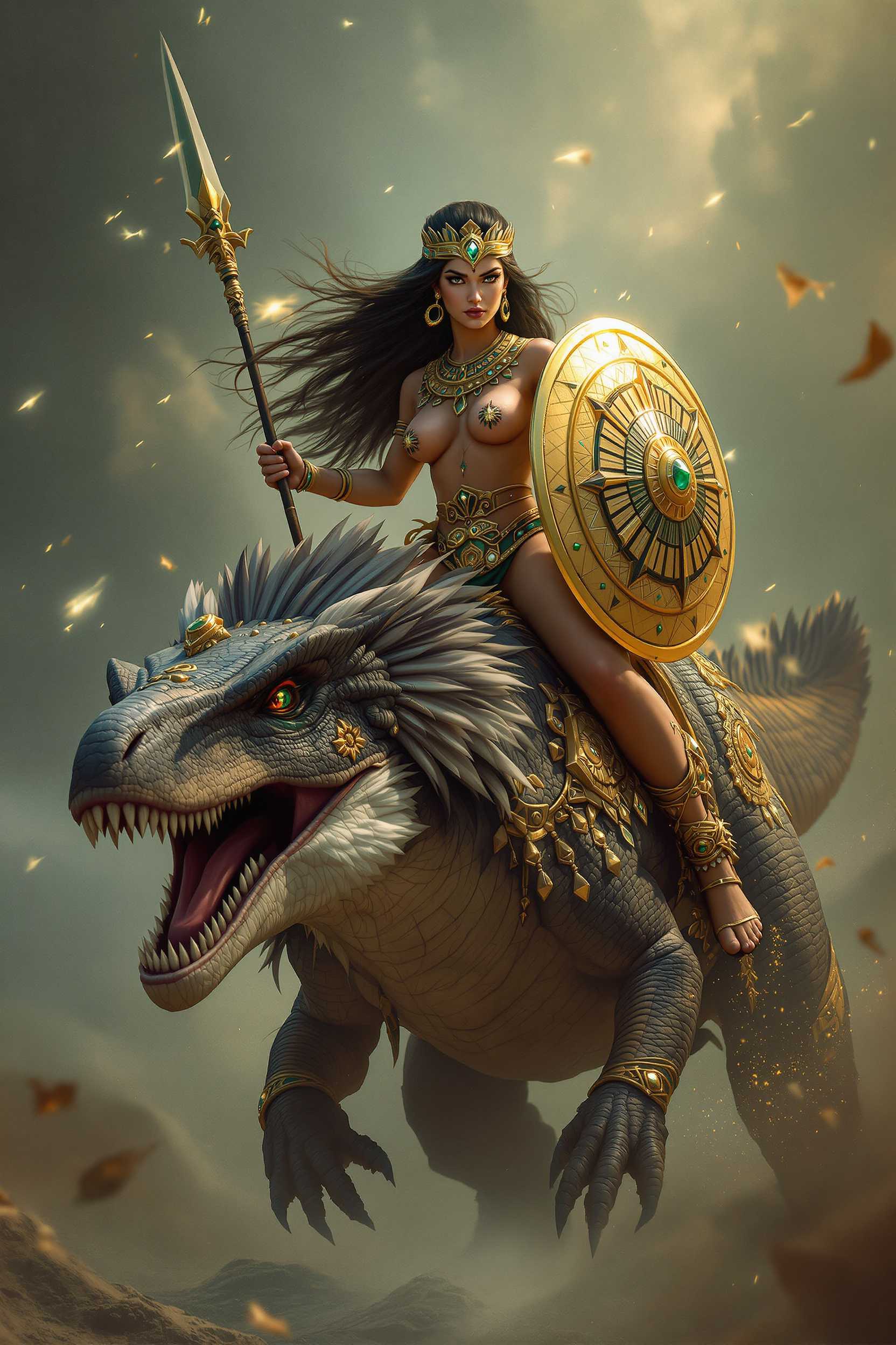 "Imagine, an Aztec princess, a warrior woman, riding on the back of a gigantic dinosaur, protected by shining lights. The woman, dressed in traditional Aztec clothing, with gold and emeralds in the hands of the people, makes her look like a savage, combining battle hardness and elegance. Below, a raptor covered in feathers moves quickly and gracefully while carrying the female warrior. The woman carries a gold-studded shield in one hand and an obsidian-edged spear in the other, with a determined and courageous look in battle.