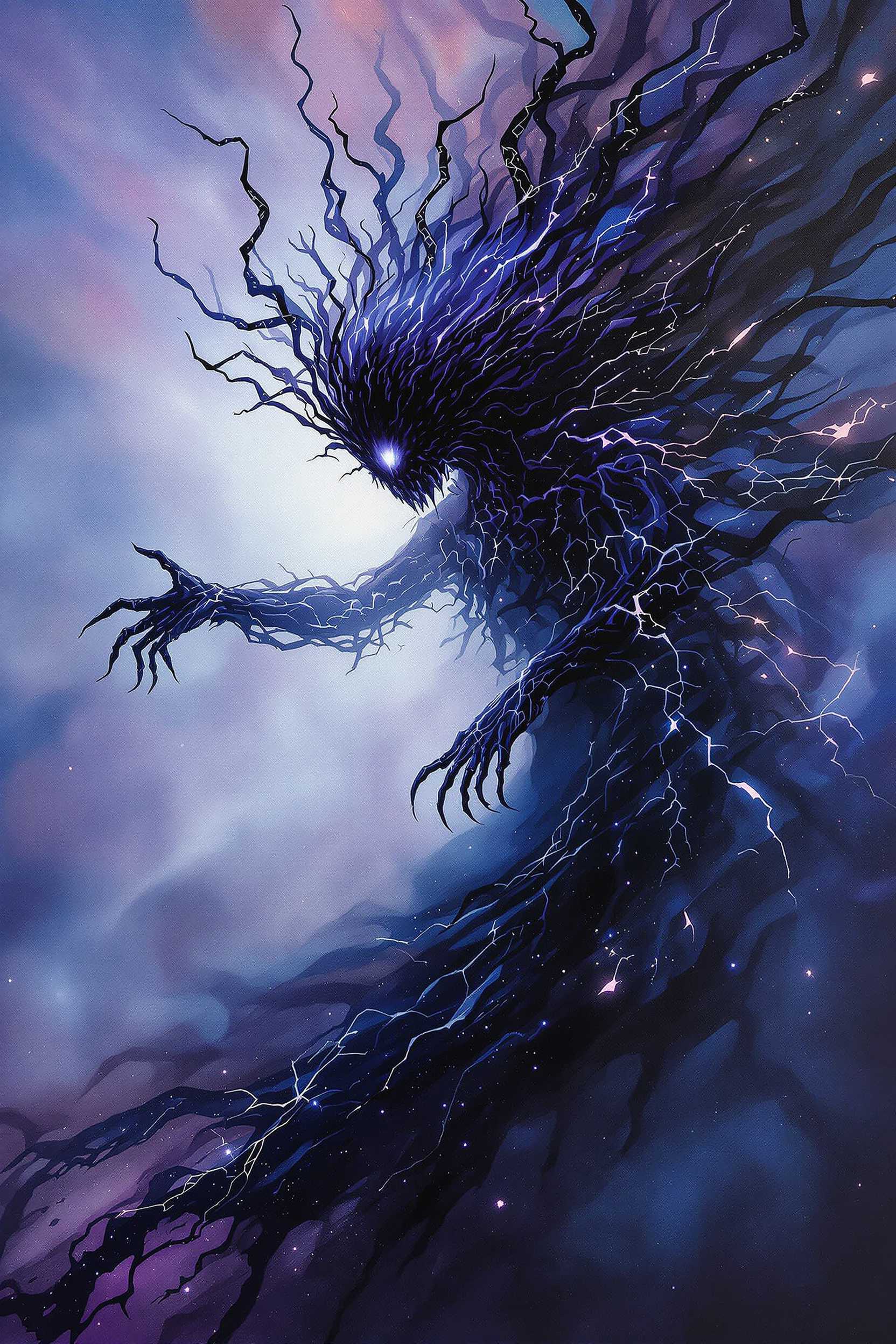 A chillingly ethereal plasma phantom, its form seemingly made of darkness and electricity, thrums with an otherworldly energy in an acrylic painting. The image captures a surreal and unsettling scene, with the phantom's tendrils reaching out in a sinister embrace. The expertly crafted details bring this haunting entity to life, with shadows and highlights creating a mesmerizing contrast. Viewers are drawn into the depths of this captivating and spine-tingling creation, where terror and beauty collide in an unforgettable display of artistic mastery.
