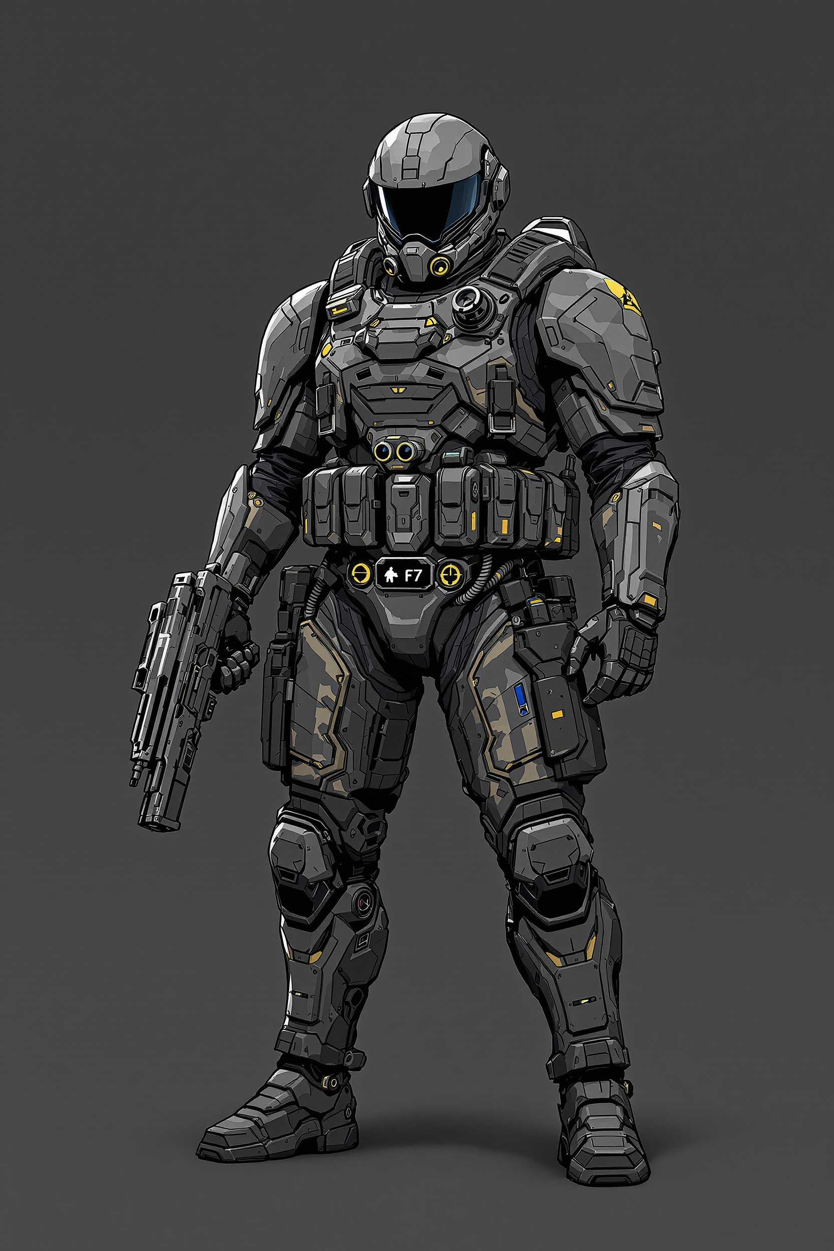 A striking and detailed illustration of a futuristic soldier, standing tall and proud in a highly advanced combat suit. The armor is adorned with a modern camouflage pattern, providing both protection and stealth. The soldier's helmet features a sleek visor, and in his hand, he grips a highly sophisticated gun with built-in holographic sights. Numerous pouches and gadgets are attached to the armor, indicating the character is fully prepared for any mission. The background is a plain, dark grey, effectively drawing the viewer's focus to the soldier as the central subject, highlighting his futuristic and advanced nature.