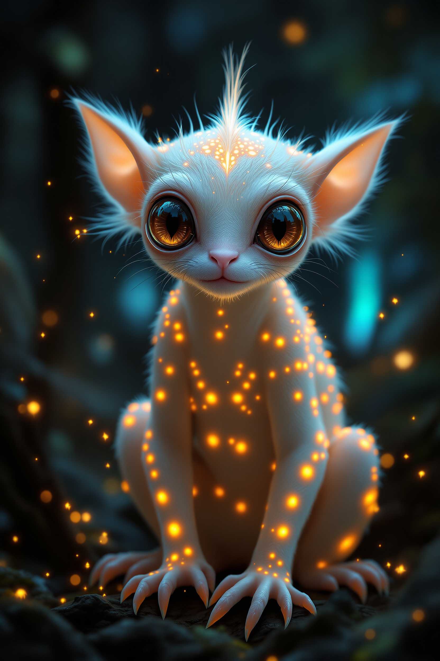 "Luminous Arborealis" Create a hyper-realistic portrait of an alien creature that has evolved for life in the bioluminescent forests of a distant moon. This small, agile quadruped should have a body structure reminiscent of a terrestrial lemur, but with distinct alien features. Its head should be slightly elongated, with a short, blunt snout and a wide, expressive mouth. The creature's most striking feature should be its enormous, forward-facing eyes that take up nearly half of its face. These eyes should be a dark, rich amber color with complex, multifaceted irises that reflect the ambient light of the environment. The pupils should be large and slightly elliptical, indicating excellent low-light vision. The creature's fur should be primarily a soft, pale cream color, providing camouflage against the illuminated bark of its home trees. However, vibrant bioluminescent orange patches should be scattered in an asymmetrical pattern across its body, most densely scattered on its back, shoulders and top of its head. These patches should appear to glow softly and pulse gently with the creature's breath. The fur should be fine and silky, with a slightly longer, spiky crest extending from the top of its head down its spine. The ears should be large and bat-like, with a delicate, almost translucent feature that allows the light of the forest to pass through. The ears should be quite mobile, constantly twitching and turning to catch sounds. The creature's limbs should be long and slender, ending in dexterous hands and feet with long fingers and toes, perfect for grasping the glowing branches of its arboreal home. Small, sharp claws should be visible on the fingertips. The background should evoke a dense, alien forest environment. The hazy shapes of the glowing vegetation should be visible, creating a mysterious, otherworldly atmosphere. The lighting should be soft and diffuse, coming primarily from the bioluminescent elements of the environment and the creature itself, creating a magical, otherworldly mood. Capture the creature in a moment of alert curiosity, with its head slightly tilted and its body poised as if it has just noticed the viewer. There should be a sense of intelligence and awareness in its expression that suggests a complex alien psychology. Tiny particles of glowing pollen or spores should be visible floating in the air around the creature, further emphasizing the unique ecosystem it inhabits.
