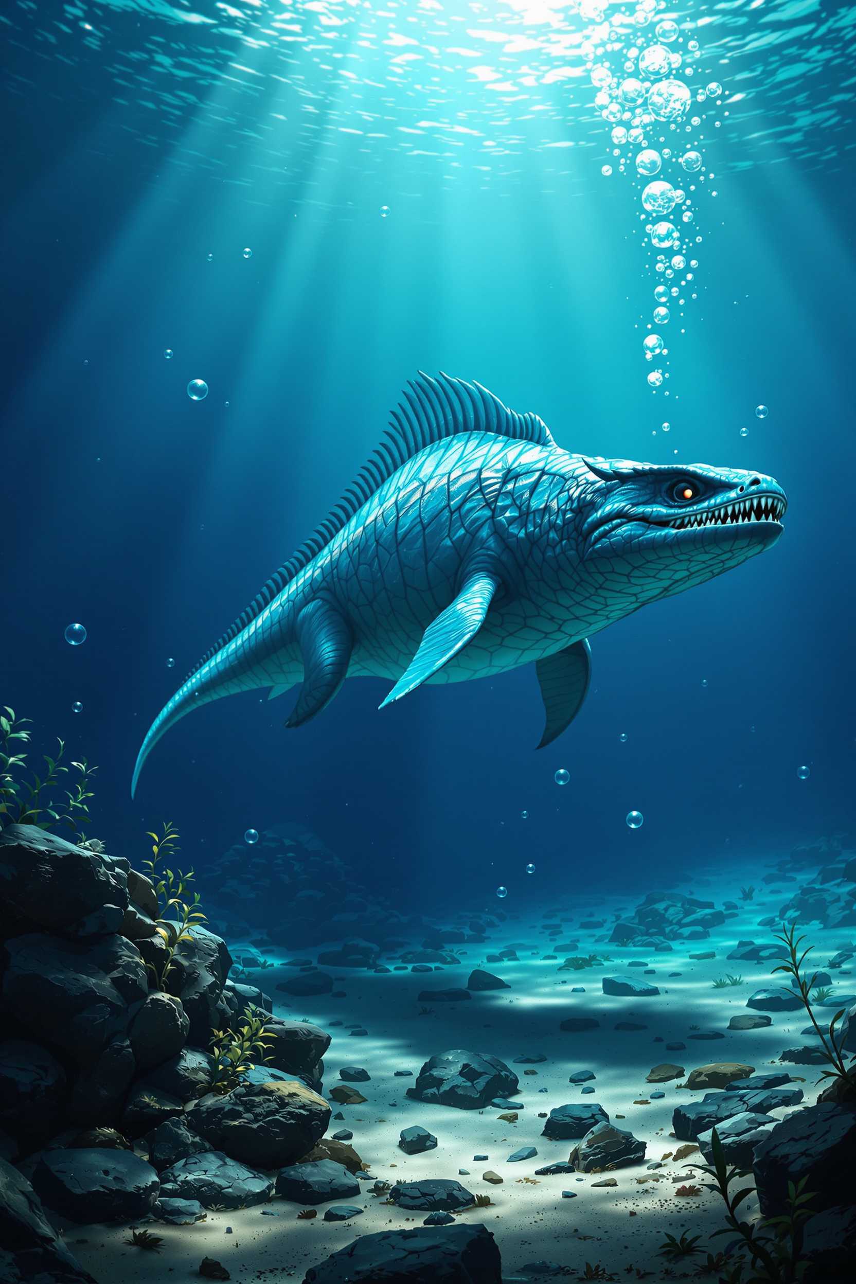 A hyper-realistic underwater digital painting depicts an ancient, prehistoric aquatic creature, likely a dinosaur-like species, swimming in a deep blue ocean. The creature is positioned slightly to the right of center, facing slightly upwards towards the light source, with its body curved and tail extending towards the bottom of the image. Its features include a streamlined body, large fins, and a pronounced dorsal fin with serrated edges along its back. The creature's head is turned slightly towards the viewer, revealing a wide mouth full of sharp teeth and detailed scales, creating a menacing expression. Intricate details of its skin texture are emphasized, showcasing fine scales, ridges, and muscle definition. The underwater scene is illuminated by natural light filtering through the water surface from above, casting soft highlights and shadows on the subject and creating a dramatic atmosphere. Sunlight beams penetrate the water, creating a striking contrast between the darker foreground and the lighter background, and illuminating the scene with a cool color palette of various shades of blue and teal. The foreground consists of a rocky ocean floor with uneven stones, patches of sand, and various marine plants growing near the bottom. In the midground, the larger creature dominates the scene, surrounded by scattered bubbles of varying sizes that add movement and depth. The background showcases the deep blue waters with subtle ripples and reflections of the creature, enhancing the sense of depth and vastness. The overall composition is balanced, with the creature as the focal point, set against the serene yet awe-inspiring underwater environment, capturing the majestic and mysterious essence of this ancient creature in its natural habitat.