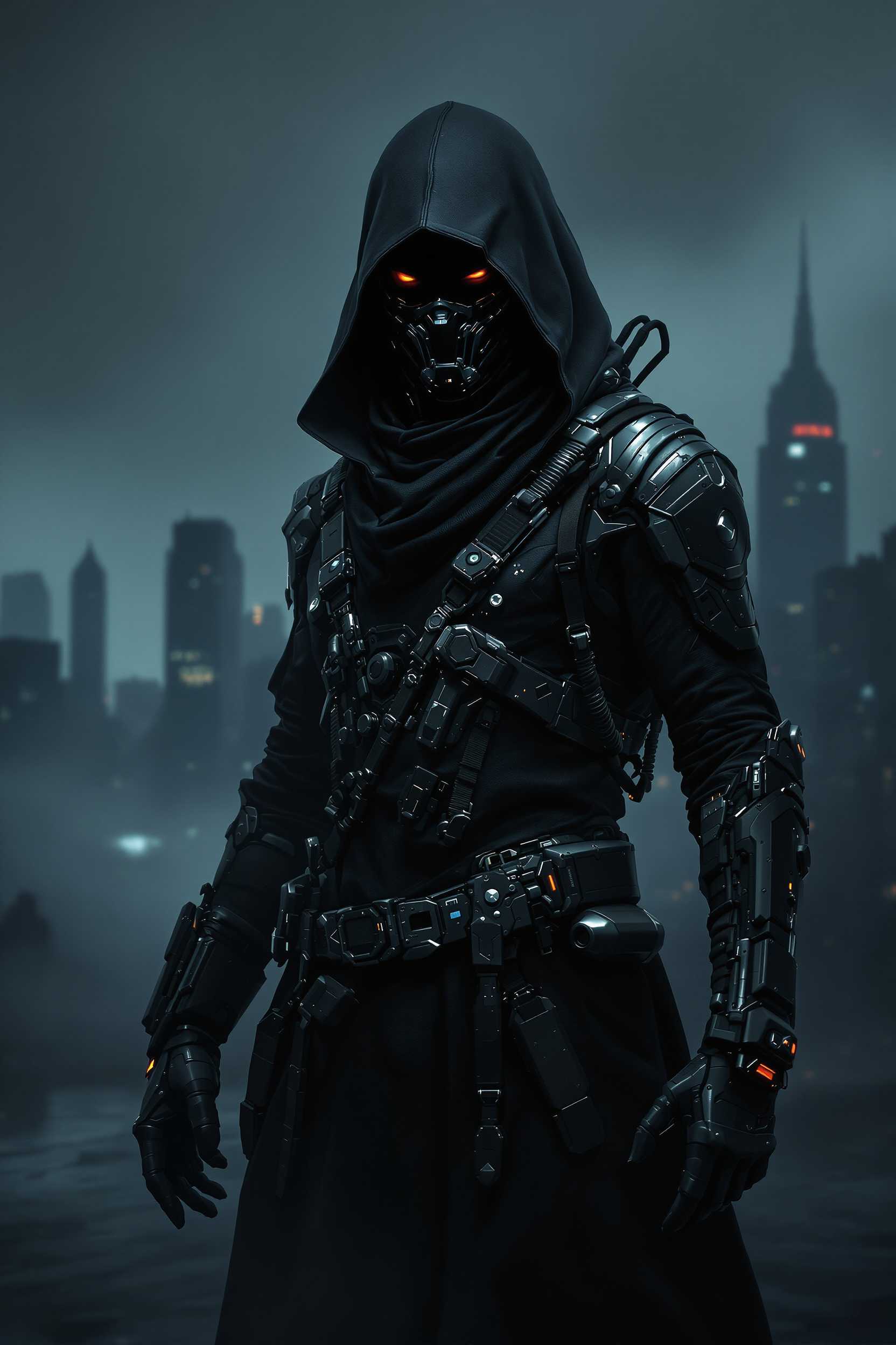 Futuristic Urban Assassin Prompt: "A futuristic assassin wears a dark, technically detailed outfit. In the background, there is a dark city skyline and a thick fog. His outfit is equipped with mechanical parts, creating an immersive atmosphere. The assassin's face adds a mysterious air, with only the eyes visible.