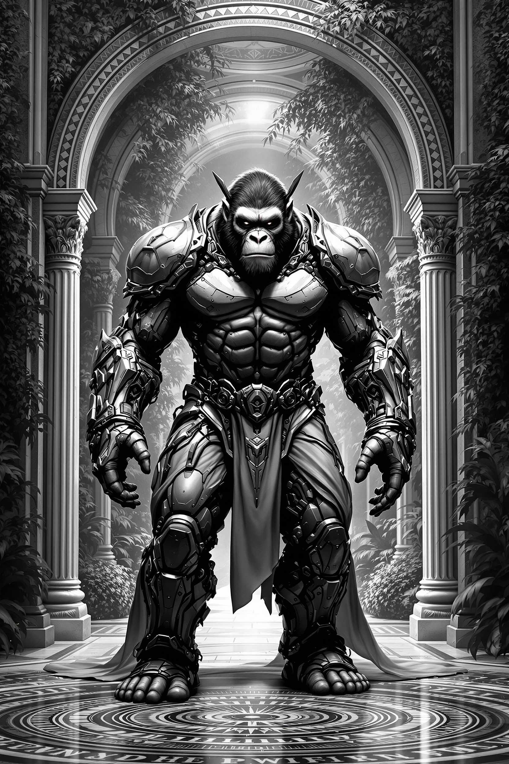 This striking, black-and-white digital artwork presents a captivating depiction of a powerful, humanoid primate figure in an ornate, temple-like setting. The central focus is a muscular, imposing creature with distinct ape-like features, including a broad, simian face and a pronounced brow ridge that convey a sense of primal strength and intelligence. The figure's attire is a remarkable blend of organic and technological elements, with intricate, armor-like plates covering the torso and limbs, complemented by flowing, robe-like fabrics that add a touch of regality and ceremonial grandeur. The ornate, metallic accents and the strategic placement of the various components create an overall impression of advanced engineering and craftsmanship. The setting is a majestic, archway-framed environment filled with lush, verdant foliage, suggesting a sense of natural harmony and ancient, mystical significance. The symmetrical, columned architecture and the intricate, circular pattern on the floor further enhance the sense of grandeur and ceremonial purpose that permeates the scene. The use of high-contrast, black-and-white tones adds a striking, dramatic quality to the artwork, emphasizing the powerful, sculptural forms of the figure and the architectural elements. The careful attention to detail in the rendering of the textures, shadows, and highlights creates a sense of depth and dimensionality that heightens the overall sense of realism and visual impact. The overall composition and the captivating, primal presence of the central figure evoke a sense of awe and wonder, inviting the viewer to ponder the deeper, symbolic significance of this enigmatic, technologically enhanced primate entity within its grand, temple-like setting. The artwork seamlessly blends elements of science fiction, mythology, and ancient mysticism, creating a visually stunning and conceptually intriguing work of digital art.