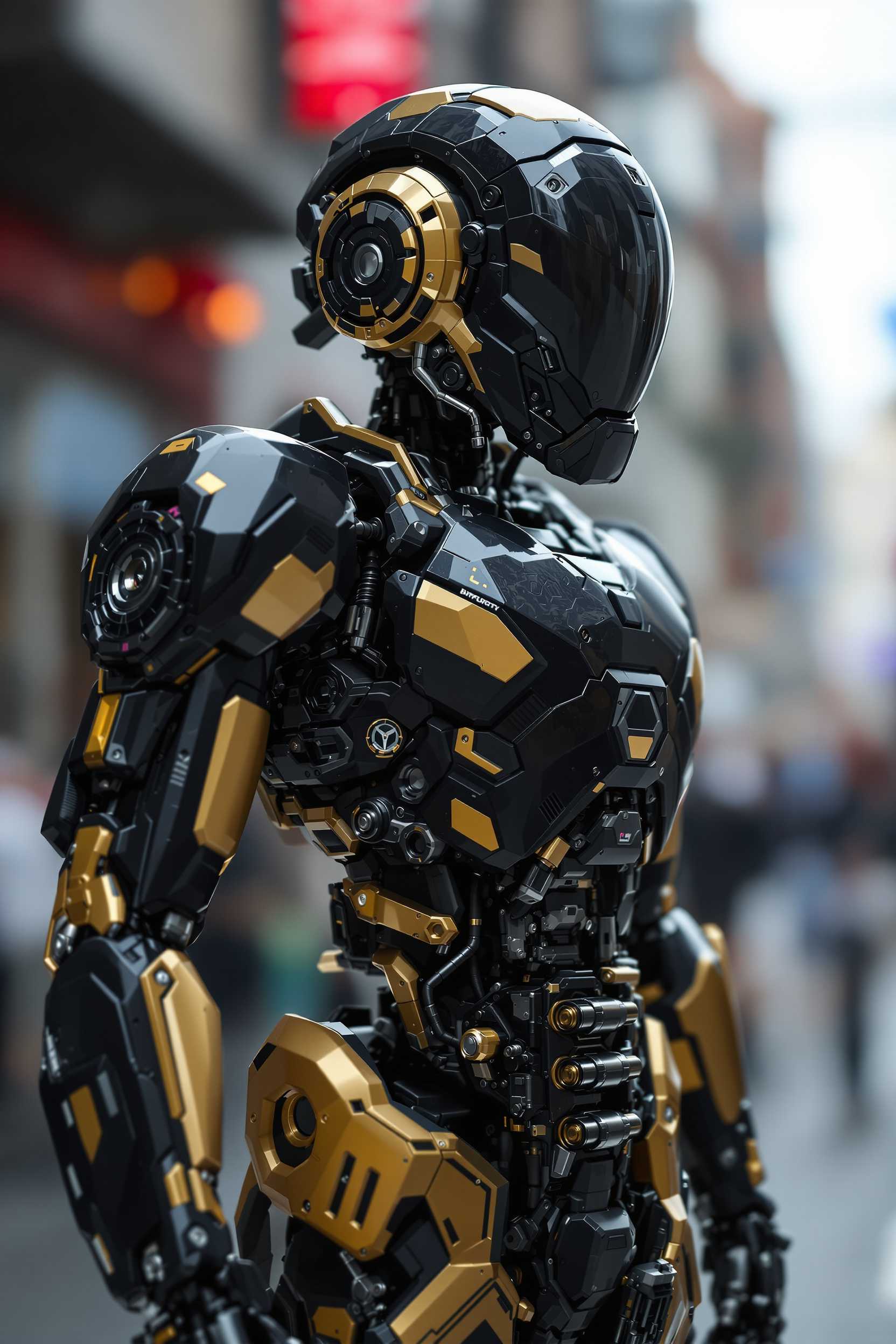 This robot, which looks like something out of a science fiction film, seems to be a representative of future technology and artificial intelligence. Its black and gold colour scheme is eye-catching. The robot's design resembles a kind of high-tech armour, with its various mechanical components and central processing unit clearly visible on its body. It stands in a blurred urban environment, as if in a city of the future. We can imagine this robot as the hero of a science fiction story. Equipped with advanced technology, it could be a character that will shape the future of humanity. Perhaps in a dystopian or utopian future, it will play a role that will determine the fate of humanity.