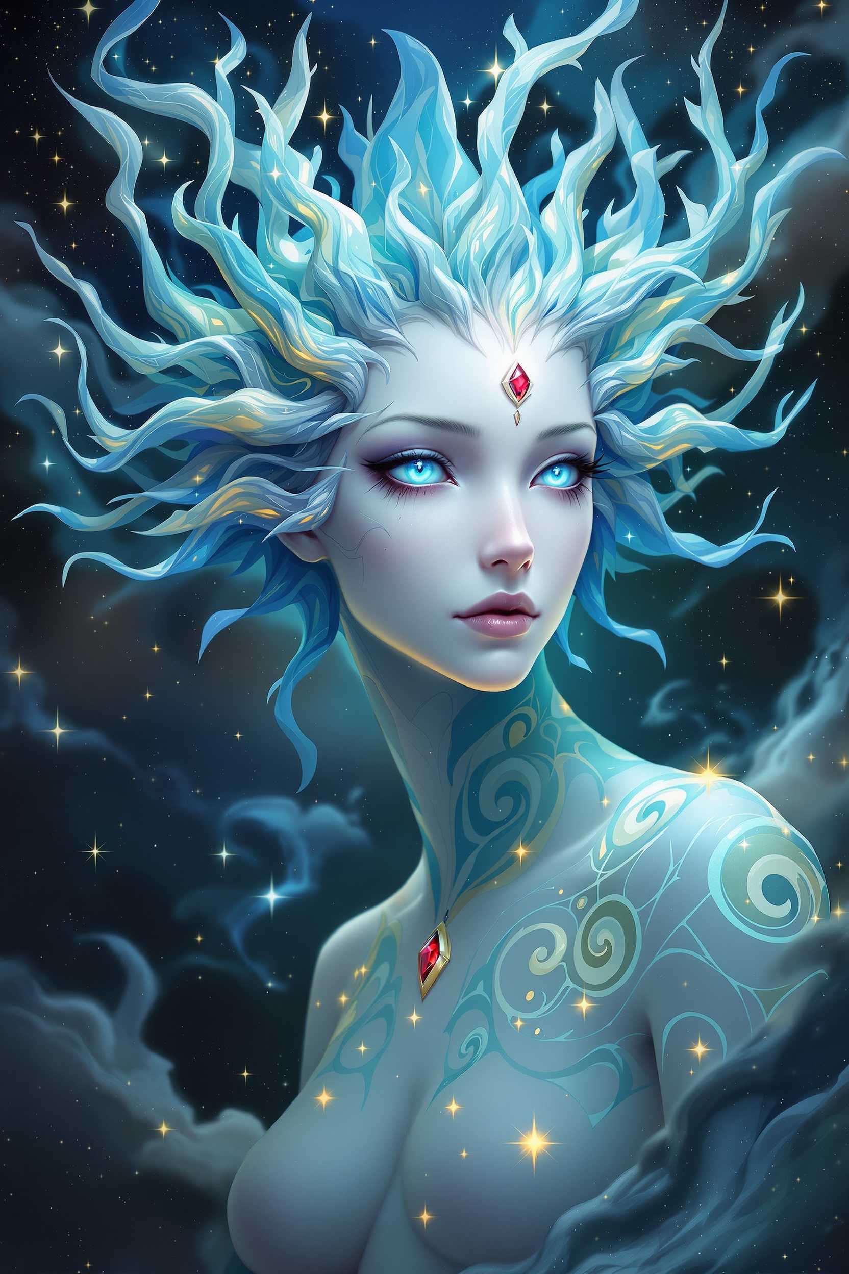 A fantastical digital painting depicts an ethereal, otherworldly creature with a surreal appearance, reminiscent of both mermaids and cosmic beings. The creature's face is pale with ghostly white skin, featuring large, expressive eyes that gaze slightly to the left with a mysterious and enigmatic expression. A small third eye or pupil adorns its forehead, surrounded by intricate blue-green hair-like structures that extend outward in sharp, spiky formations resembling antlers or fins. These flowing locks blend seamlessly into translucent tentacle-like appendages that flow downward from the head, creating a sense of movement and fluidity. The creature's upper body showcases complex bioluminescent patterns, including swirling designs on its shoulder and circular elements on the right shoulder. Its skin appears smooth yet textured, transitioning from pale to light teal near the edges, with glowing accents along the edges. A prominent red gemstone is embedded near the center of its forehead, while smaller glowing spots are scattered across its features. The background consists of a cosmic setting filled with stars, nebulous clouds, and interstellar dust, rendered in deep space colors such as dark blue, black, and amber yellow. This surreal backdrop enhances the mystical ambiance, creating a stark contrast between the character and the surrounding space. Soft, diffused lighting illuminates the scene from the left side, casting gentle highlights and shadows that accentuate the creature's textures and details. The overall mood is enigmatic, serene, and captivating, with high contrast and vivid colors emphasizing the fantastical nature of this underwater creature against the dreamy, cosmic environment.
