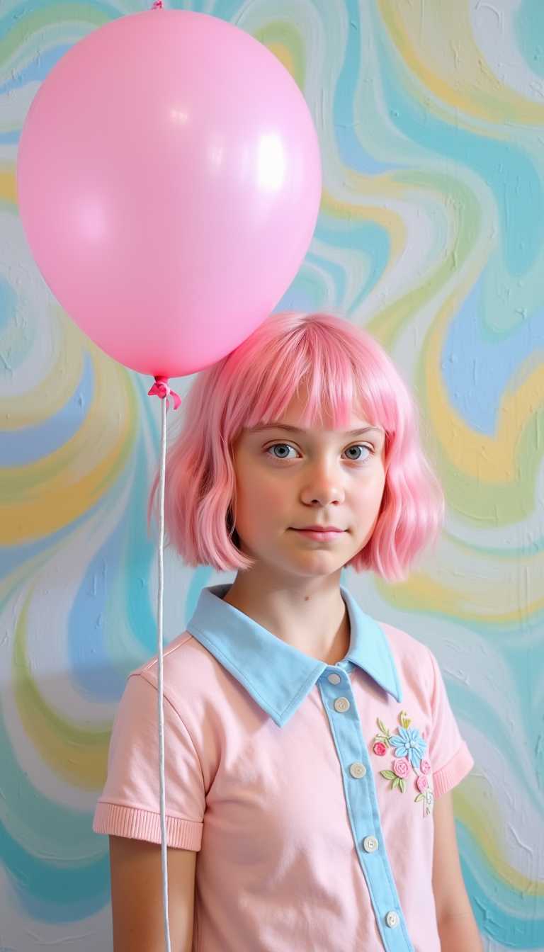 This image presents a girl with a striking pink wig that cascades in soft waves, complementing the pastelcolored attire. The subject is wearing a shortsleeved shirt with a classic collar and buttons that are adorned with a floral design, adding a touch of whimsy to the ensemble. The shirts color scheme is a harmonious blend of pale pink and a softer, almost baby blue hue, which contrasts beautifully with the vibrant pink of the wig.The subject is holding a large, shiny pink balloon, which is tied with a ribbon and floats beside them. The balloons sheen and the way it catches the light give it a sense of dimension and liveliness. The balloons presence in the image adds a sense of buoyancy and lightness, further accentuated by the whimsical nature of the subjects outfit.The backdrop is a painted wall that features a dreamy, swirling pattern in a palette of soft pastels, predominantly shades of blue and yellow, with touches of white and hints of green. The walls texture is smooth, and the paint application is fluid, giving the impression of a gentle, flowing motion. The walls design evokes a sense of fantasy and whimsy, perfectly complementing the playful and surreal nature of the scene.The overall art style of the image is reminiscent of a stylized portrait, with a focus on the subjects features and the interplay of color and light. The medium appears to be digital painting, given the smooth gradients and seamless blending of colors. The image exudes a sense of nostalgia and sweetness, with a touch of surrealism that makes it feel both familiar and otherworldly.