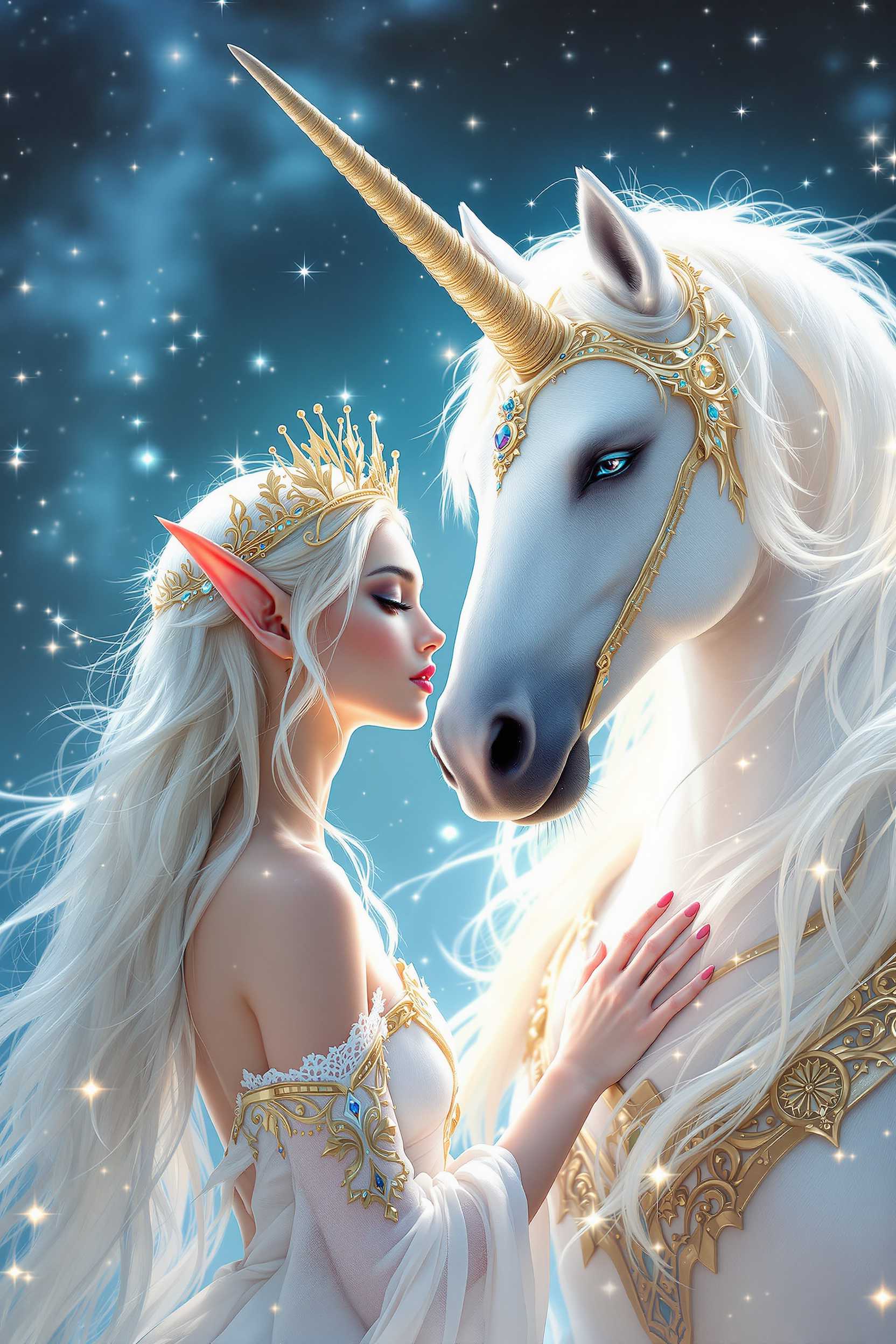 (masterpiece, best quality, ultra-detailed:1.2), an ethereal and serene scene featuring a graceful elf-like woman with pointed ears and delicate features. She wears a radiant golden crown adorned with jewels, and her flowing white dress is accented with intricate gold embellishments that shimmer in the soft, glowing light. Her long, platinum-blonde hair cascades down her back in gentle waves. She stands tenderly beside a majestic white unicorn, its mane flowing like silk and adorned with elegant golden armor. The unicorn’s expression is gentle and wise, mirroring the woman’s calm and loving demeanor as they share a moment of pure connection. The atmosphere is bathed in a dreamy, soft blue hue, with sparkles of magic floating in the air, enhancing the otherworldly and enchanted quality of the scene. The surrounding light creates a magical, heavenly glow, enveloping both figures in an aura of tranquility and wonder. Created with love by Sasan.