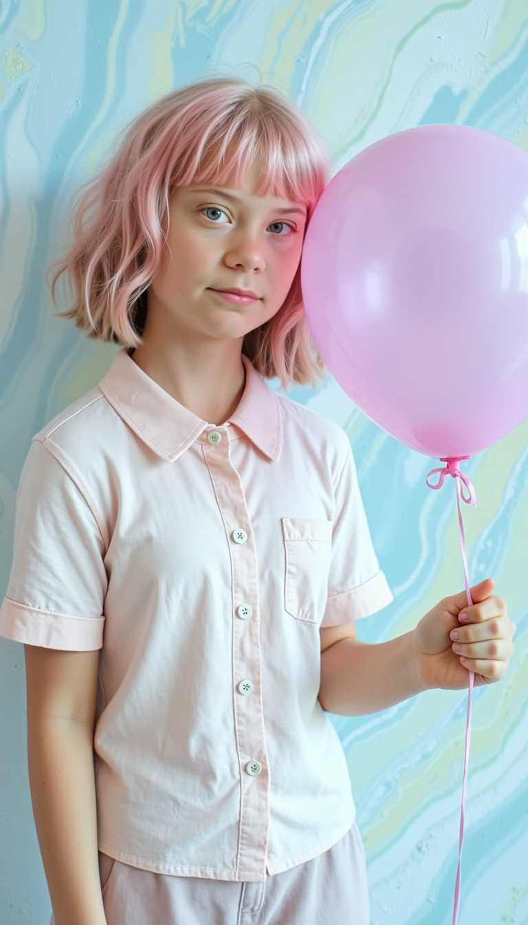 This image presents a girl with a striking pink wig that cascades in soft waves, complementing the pastelcolored attire. The subject is wearing a shortsleeved shirt with a classic collar and buttons that are adorned with a floral design, adding a touch of whimsy to the ensemble. The shirts color scheme is a harmonious blend of pale pink and a softer, almost baby blue hue, which contrasts beautifully with the vibrant pink of the wig.The subject is holding a large, shiny pink balloon, which is tied with a ribbon and floats beside them. The balloons sheen and the way it catches the light give it a sense of dimension and liveliness. The balloons presence in the image adds a sense of buoyancy and lightness, further accentuated by the whimsical nature of the subjects outfit.The backdrop is a painted wall that features a dreamy, swirling pattern in a palette of soft pastels, predominantly shades of blue and yellow, with touches of white and hints of green. The walls texture is smooth, and the paint application is fluid, giving the impression of a gentle, flowing motion. The walls design evokes a sense of fantasy and whimsy, perfectly complementing the playful and surreal nature of the scene.The overall art style of the image is reminiscent of a stylized portrait, with a focus on the subjects features and the interplay of color and light. The medium appears to be digital painting, given the smooth gradients and seamless blending of colors. The image exudes a sense of nostalgia and sweetness, with a touch of surrealism that makes it feel both familiar and otherworldly.
