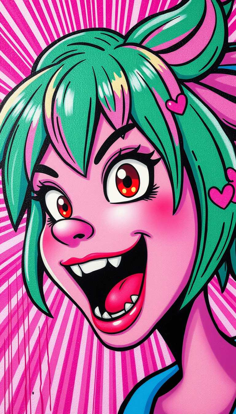 This image is a closeup of a character that appears to be a stylized, colorful illustration. The art style is reminiscent of pop art or contemporary street art, with a bold, graphic approach that uses bright, neon colors and a high contrast palette. The medium seems to be a type of paint, possibly acrylic or spray paint, given the texture and the way the paint has dripped and splattered around the edges of the canvas.The character is depicted with exaggerated facial features, including large, wideopen eyes with red irises and white sclera, and a gaping mouth that reveals teeth. The hair is a vivid green with streaks of pink and blue, and its styled in a way that gives the impression of movement or wildness. There are also small, heartshaped details in the hair, which add a playful or whimsical element to the overall aggressive look of the character.The background is a radiant burst of pink and purple, reminiscent of a neon light or a burst of fireworks. This background contrasts sharply with the character, drawing the viewers attention to the detailed features of the characters face and hair. The overall effect is dynamic and attentiongrabbing, with a sense of energy and movement that is palpable.