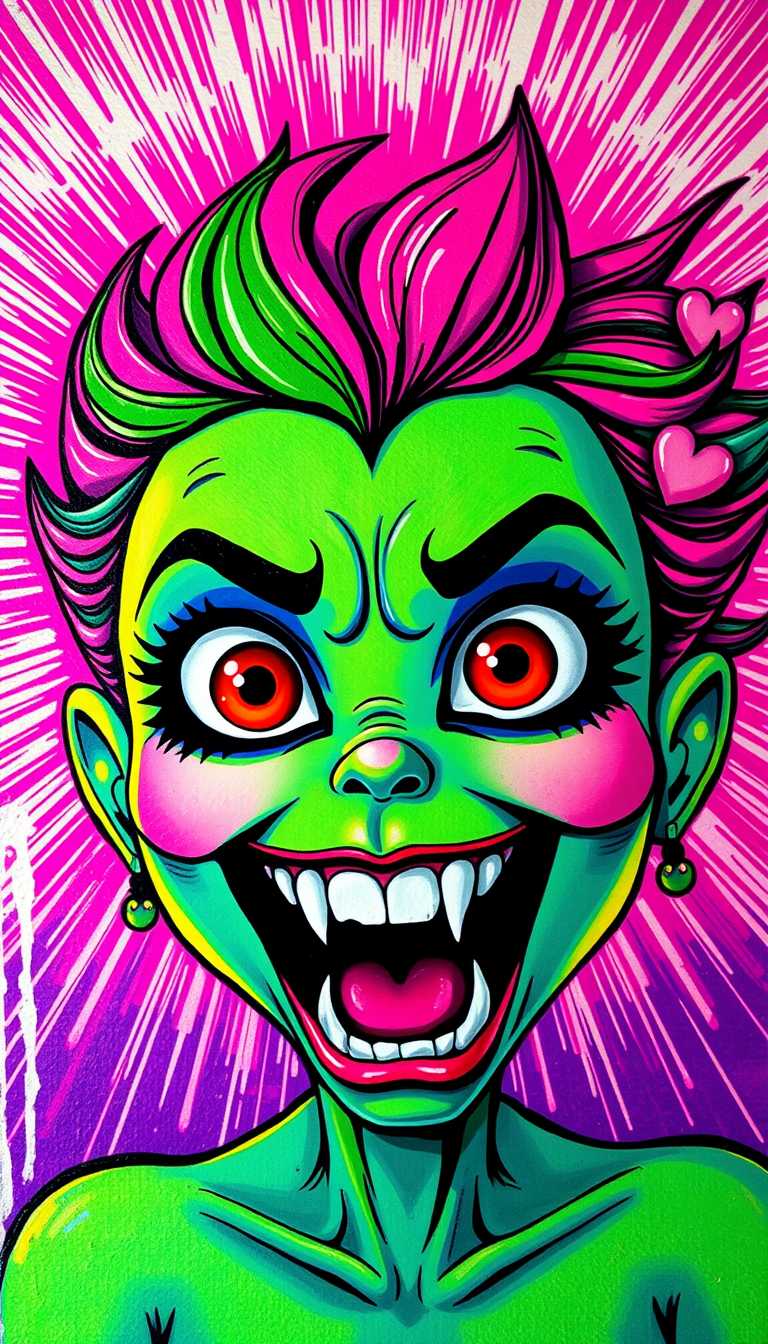 This image is a closeup of a character that appears to be a stylized, colorful illustration. The art style is reminiscent of pop art or contemporary street art, with a bold, graphic approach that uses bright, neon colors and a high contrast palette. The medium seems to be a type of paint, possibly acrylic or spray paint, given the texture and the way the paint has dripped and splattered around the edges of the canvas.The character is depicted with exaggerated facial features, including large, wideopen eyes with red irises and white sclera, and a gaping mouth that reveals teeth. The hair is a vivid green with streaks of pink and blue, and its styled in a way that gives the impression of movement or wildness. There are also small, heartshaped details in the hair, which add a playful or whimsical element to the overall aggressive look of the character.The background is a radiant burst of pink and purple, reminiscent of a neon light or a burst of fireworks. This background contrasts sharply with the character, drawing the viewers attention to the detailed features of the characters face and hair. The overall effect is dynamic and attentiongrabbing, with a sense of energy and movement that is palpable.