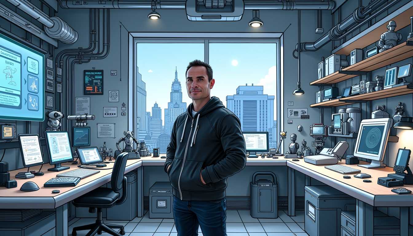 a photo of BLOVE, A highly detailed, futuristic illustration of an alternate life for Brian Lovett, where he is a tech innovator and adventurer. Brian stands in a sleek, advanced workspace filled with gadgets and devices, with screens displaying AI data, and 3D printers working on intricate models. He’s surrounded by self-driving vehicle models, robotic assistants, and prototypes of engineering projects, including a miniature cantilever bridge and Mandalorian armor pieces. The background hints at an automated home with high-tech systems and a creative, energetic atmosphere that reflects his passion for artificial intelligence, 3D printing, and innovation.