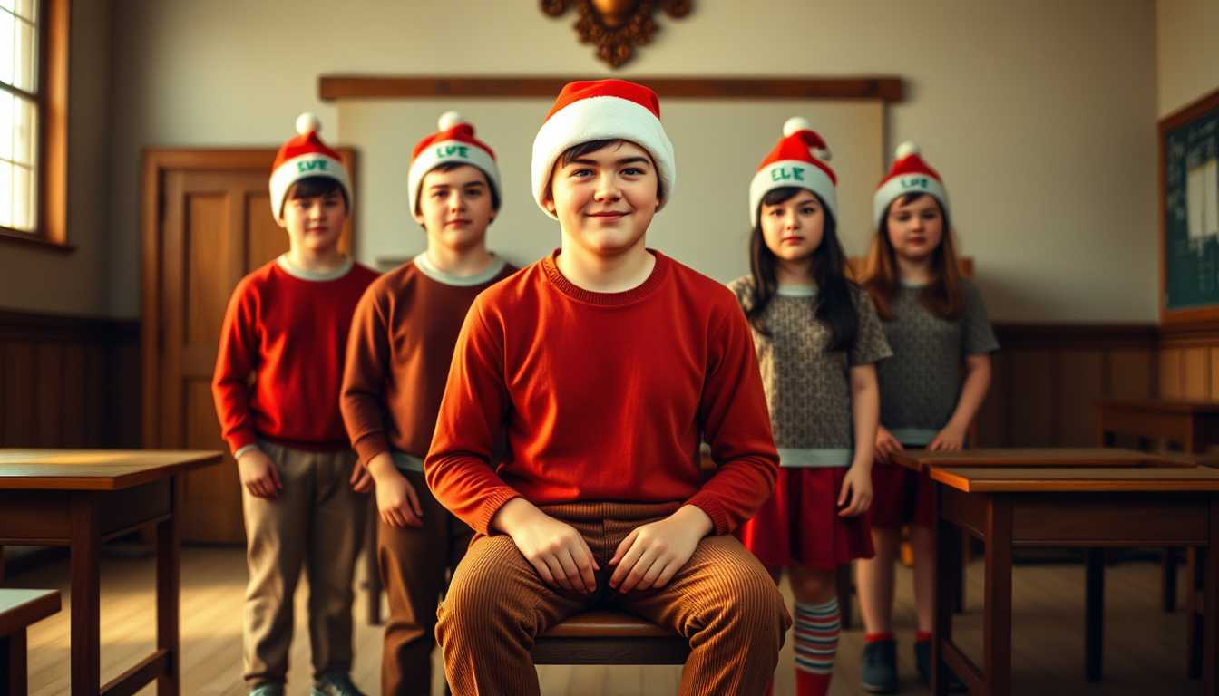 A charming, cinematic photograph captures the essence of a joyful school play featuring Stan12 Boy, a cheerful eleven-year-old with short black hair and expressive hazel eyes. He sits confidently on a stool, radiating happiness, dressed in a festive homemade Santa costume: a classic Santa cap, a cozy red sweater, and rust-colored corduroy pants. He is the central figure amidst five other eleven-year-olds standing behind him, each wearing playful elf caps, exuding excitement and holiday cheer. They form a harmonious group at the forefront of the play, set against the backdrop of a historically rich classroom within a school dating back to 1895. The scene is bathed in warm, cinematic lighting that accentuates the antique wood textures and the intricate architectural details of the bygone era. The composition is intimate and inviting, with a softly blurred background focusing on the children, capturing a nostalgic and heartwarming atmosphere that immerses the viewer in the magical spirit of a timeless school performance.