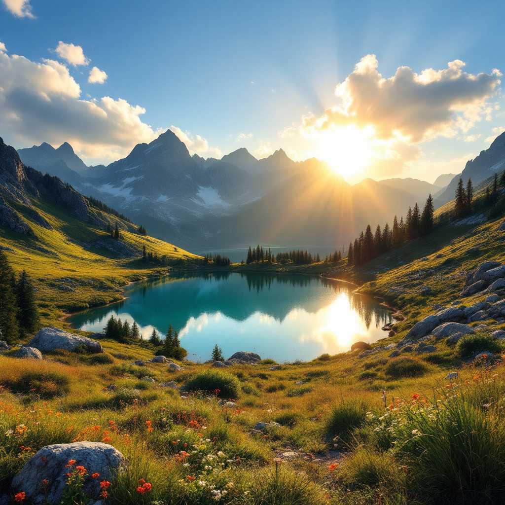 a little mountain lake, surrounded by mountains and medows the sun behind the peaks, sunray reflect in lake