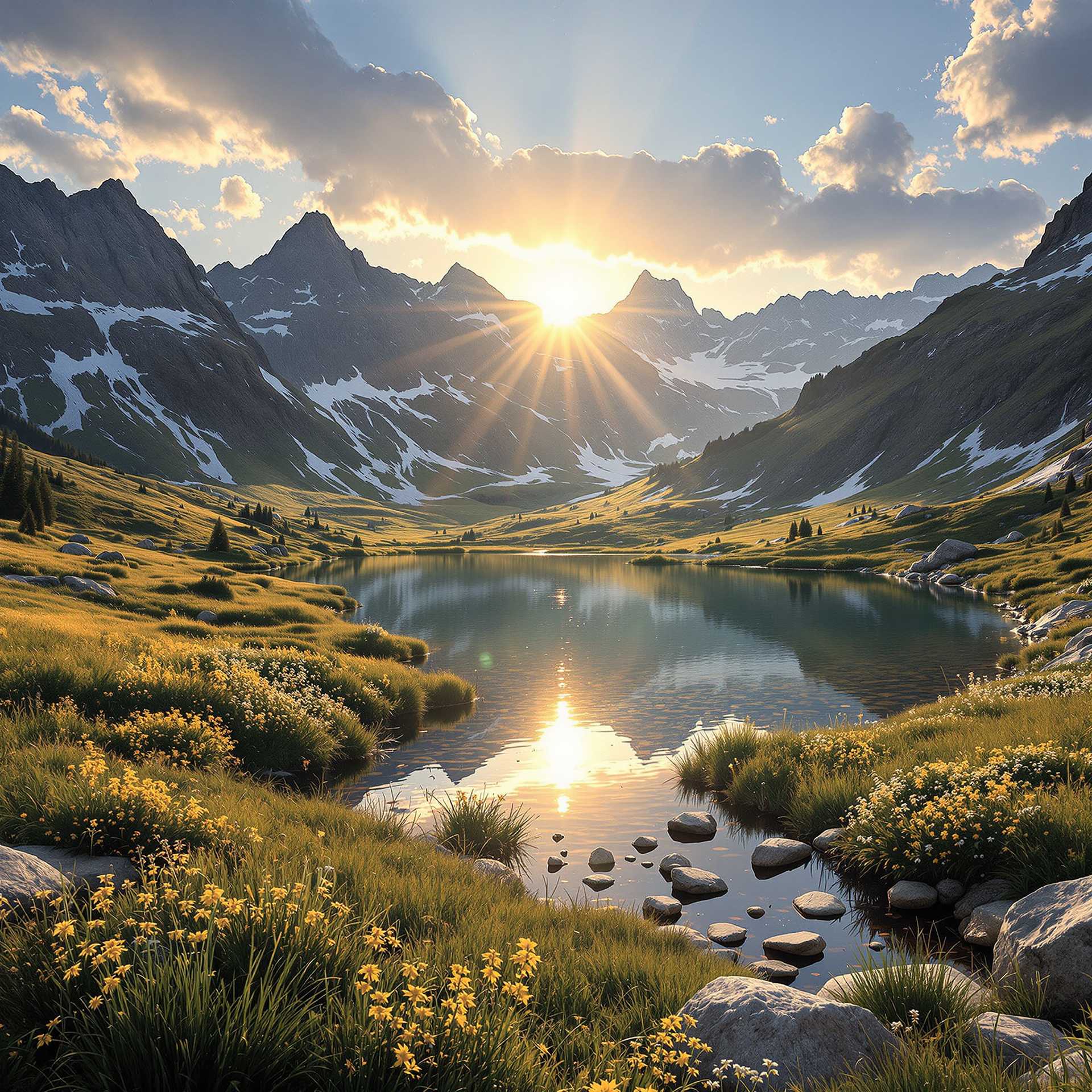 a little mountain lake, surrounded by mountains and medows the sun behind the peaks, sunray reflect in lake