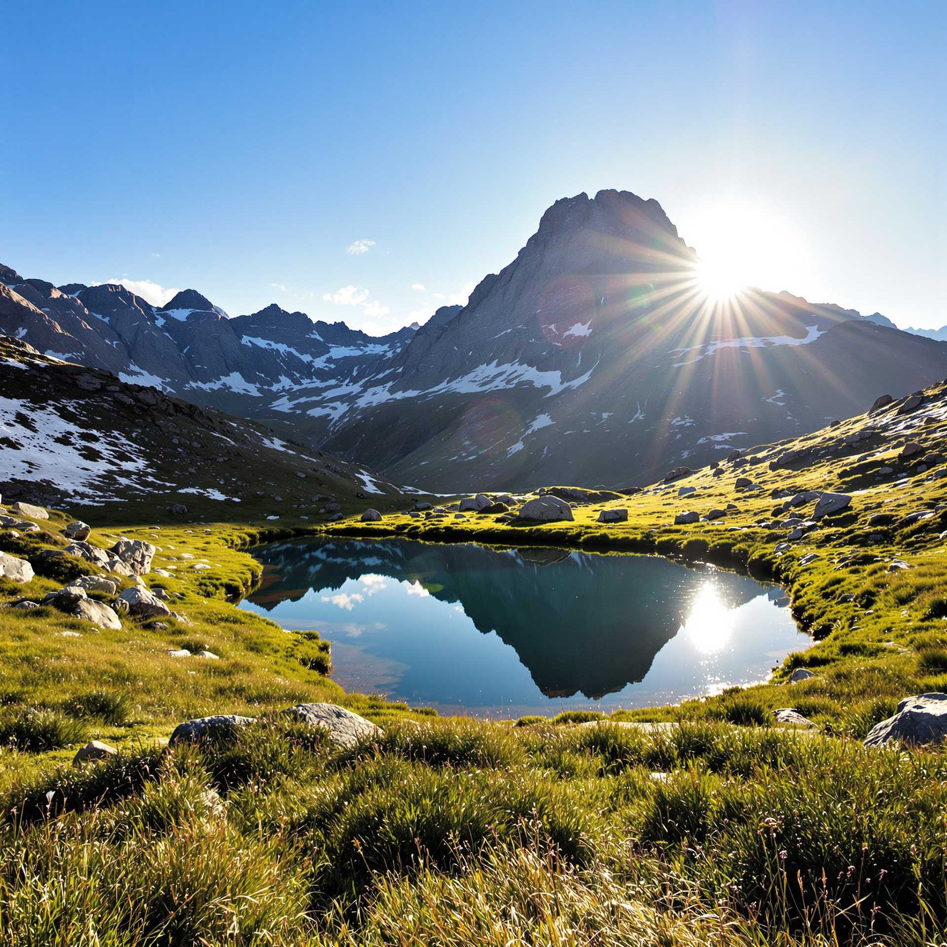 a little mountain lake, surrounded by mountains and medows the sun behind the peaks, sunray reflect in lake