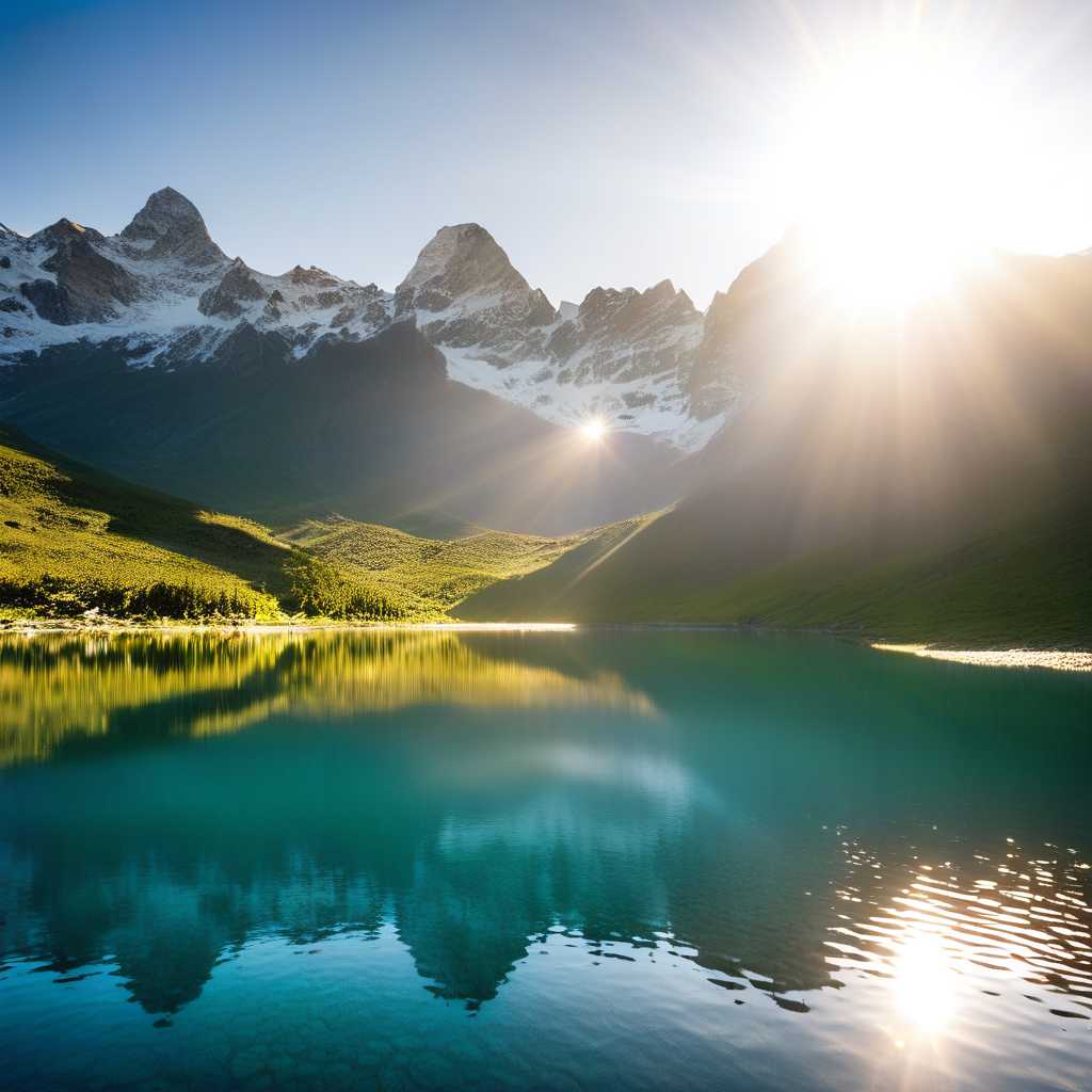 a little mountain lake, surrounded by mountains and medows the sun behind the peaks, sunray reflect in lake