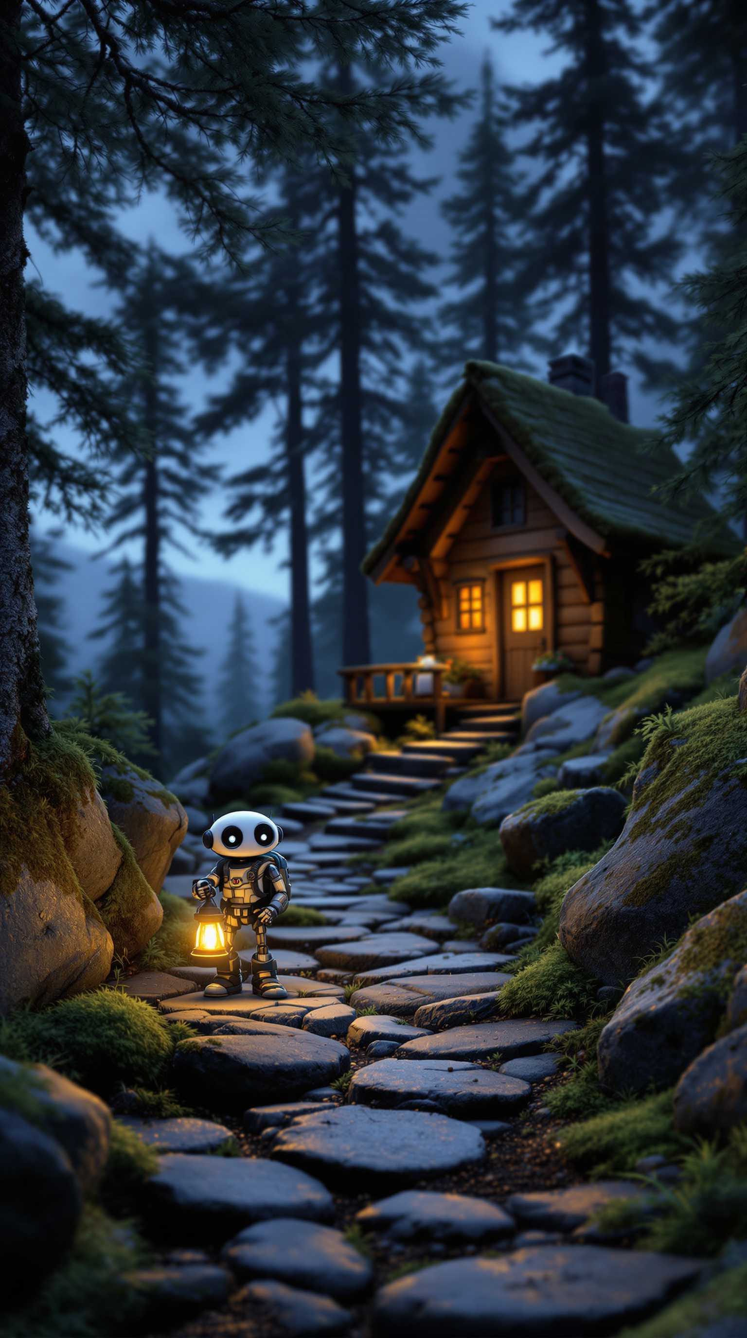 The image depicts a charming scene of a small robot standing on a rocky path leading to a quaint wooden cabin. The robot, with its round head and large eyes, is the focal point of the image. Its equipped with a backpack and is holding a lantern, suggesting it might be on an adventure or journey. The lantern casts a warm glow, contrasting with the cool tones of the surrounding environmentThe setting is a forested area with mosscovered rocks and trees that frame the path. The cabin in the background has a cozy, rustic appeal, with a light shining from its window, adding to the inviting atmosphere. The sky is dusky, hinting at either dawn or dusk, which adds a serene and somewhat mysterious quality to the sceneThe details that make this image interesting include the play of light and shadow, the contrast between the manmade robot and the natural environment, and the sense of solitude and adventure that the robots presence suggests. The image evokes a sense of whimsy and could be interpreted as a story or a scene from a fairy tale.