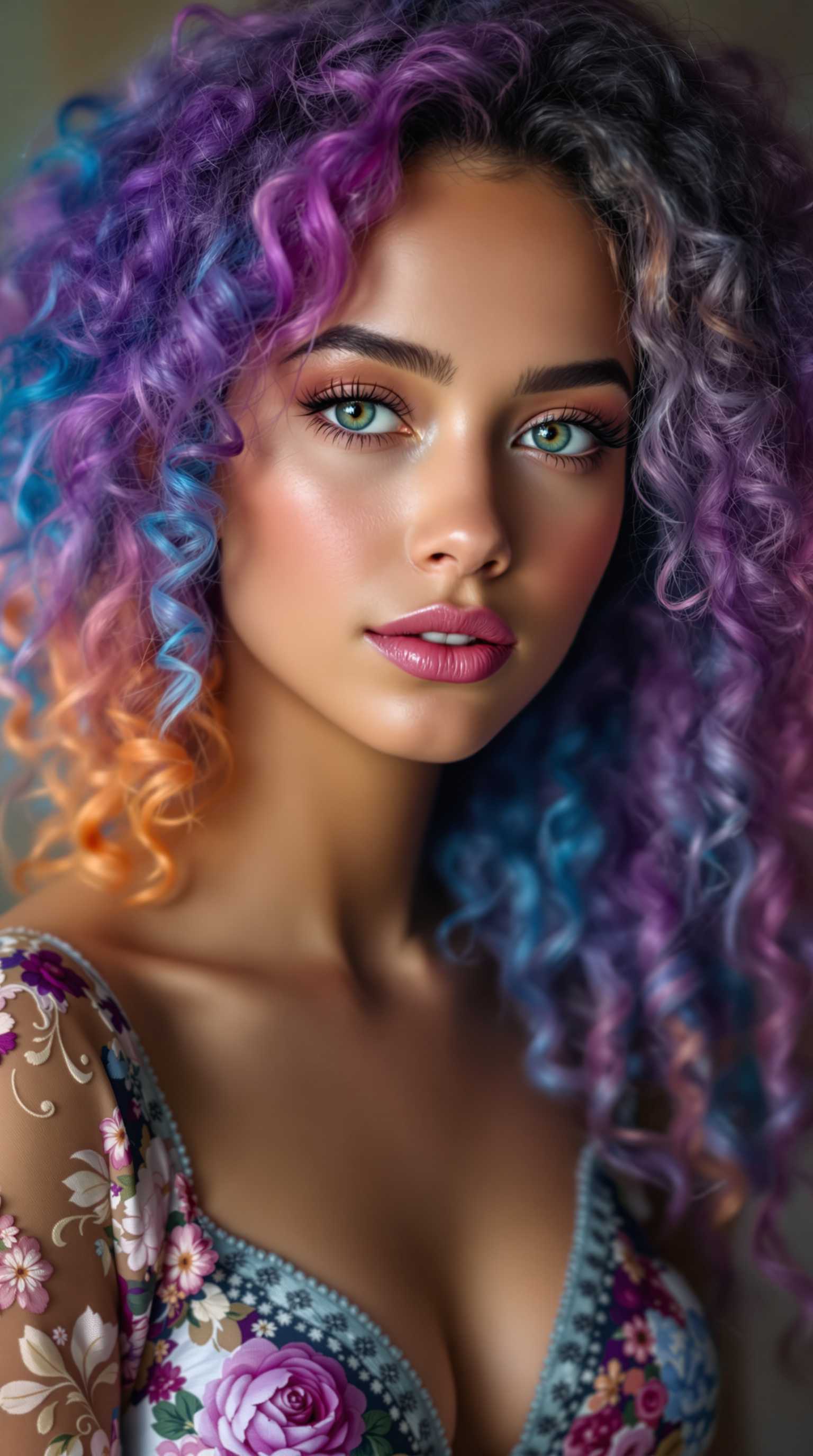  a portrait of a young woman with vibrant, multicolored curly hair, featuring shades of purple, blue, and orange. She has striking green eyes and a natural, glowing complexion. Her expression is serene and confident. The background is softly blurred, emphasizing her features. She wears a floral-patterned dress with intricate designs, adding a touch of elegance and whimsy