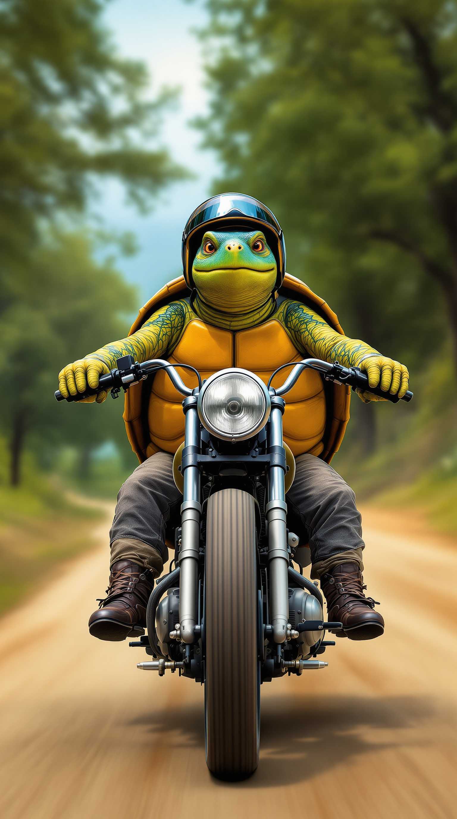 The image depicts a whimsical scene featuring a turtle riding a motorcycle. The turtle is anthropomorphized, wearing a helmet and riding gear, which gives it a humanlike appearance. It is positioned in the center of the image, with its front paws on the handlebars and its back paws on the footrests. The motorcycle is a classic design, with a prominent headlight and a large engine visible beneath the turtleThe background of the image shows a blurred landscape with trees and a dirt road, suggesting motion and speed. The colors are vibrant, with the turtles shell in shades of yellow and orange, contrasting with the greenery of the trees and the earthy tones of the roadThe details that make this image interesting include the unexpected and humorous combination of a turtle riding a motorcycle, the realistic yet stylized rendering of the turtle and the motorcycle, and the dynamic composition that conveys a sense of movement and adventure. The image is likely a piece of digital art designed to evoke a sense of fun and fantasy.
