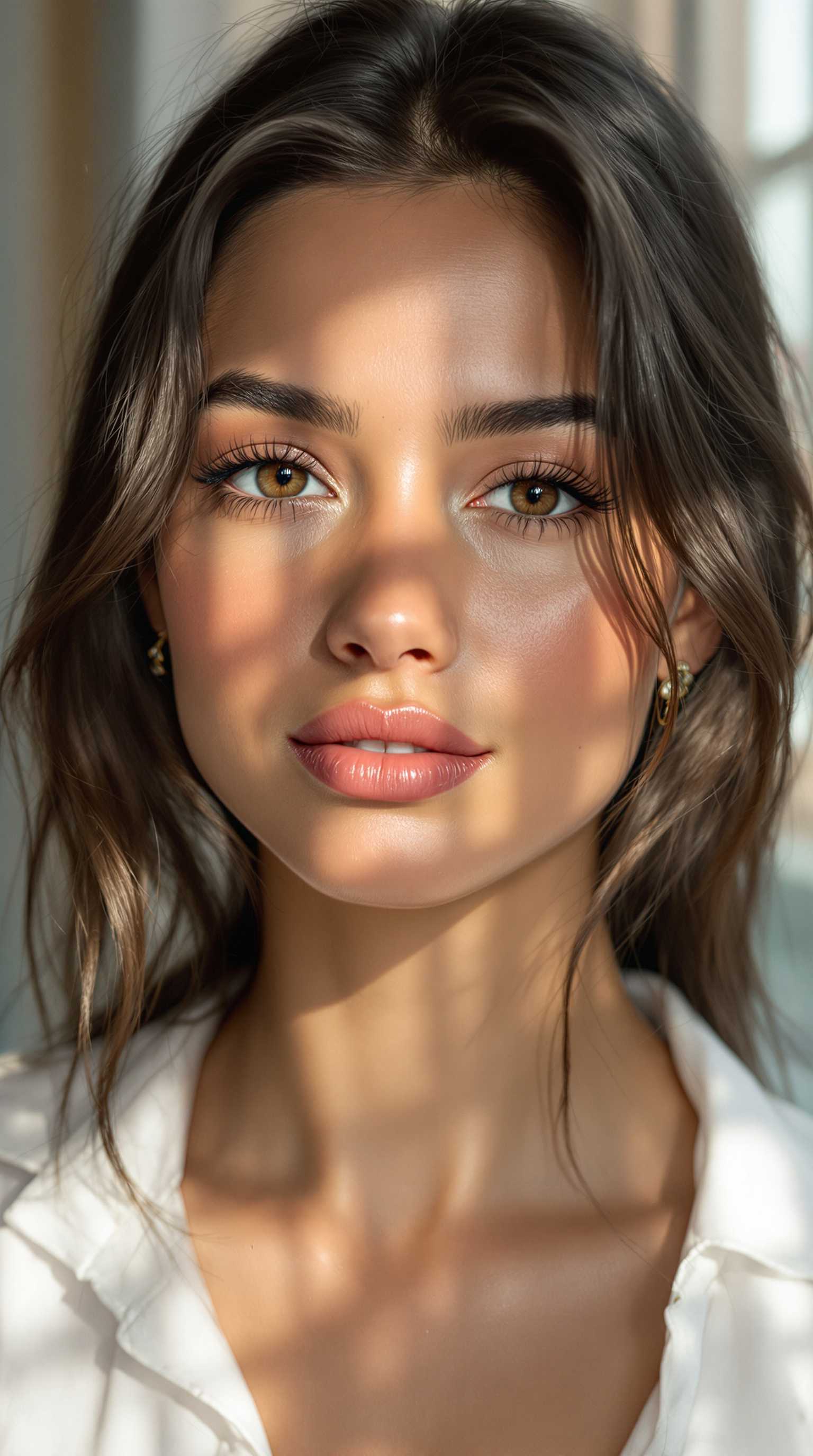 A hyper-realistic portrait of a young woman with olive skin, natural makeup, and dark brown eyes, wearing a simple white blouse. The scene is softly illuminated by natural sunlight filtering through a window, casting gentle shadows on her face. The background is softly blurred to enhance focus on her features, with attention to realistic skin textures, fine hair details, and lifelike eye reflections.

