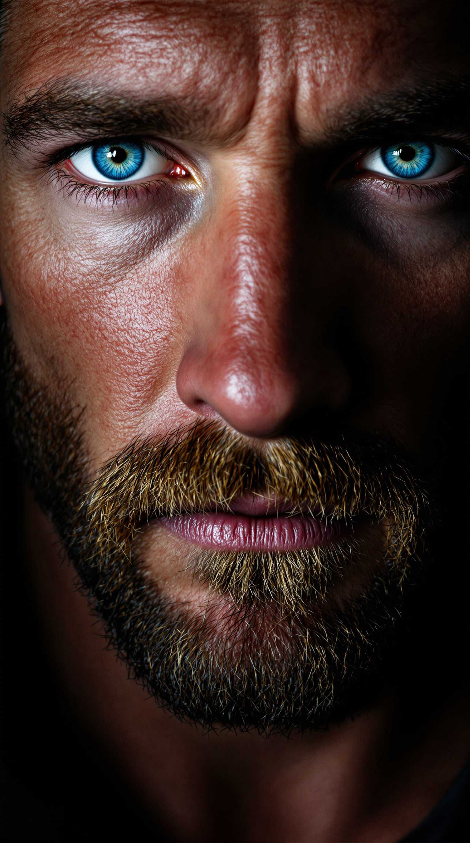 A photorealistic close-up portrait of a man with a rugged face, stubble beard, and piercing blue eyes, captured in dramatic, low-key lighting. The shadows add depth, while a single soft light source highlights his facial structure, accentuating cheekbones and jawline. The background is dark and minimalistic, keeping full focus on his intense gaze. High-definition textures for skin pores and subtle wrinkles, creating a lifelike and powerful visual impact.



