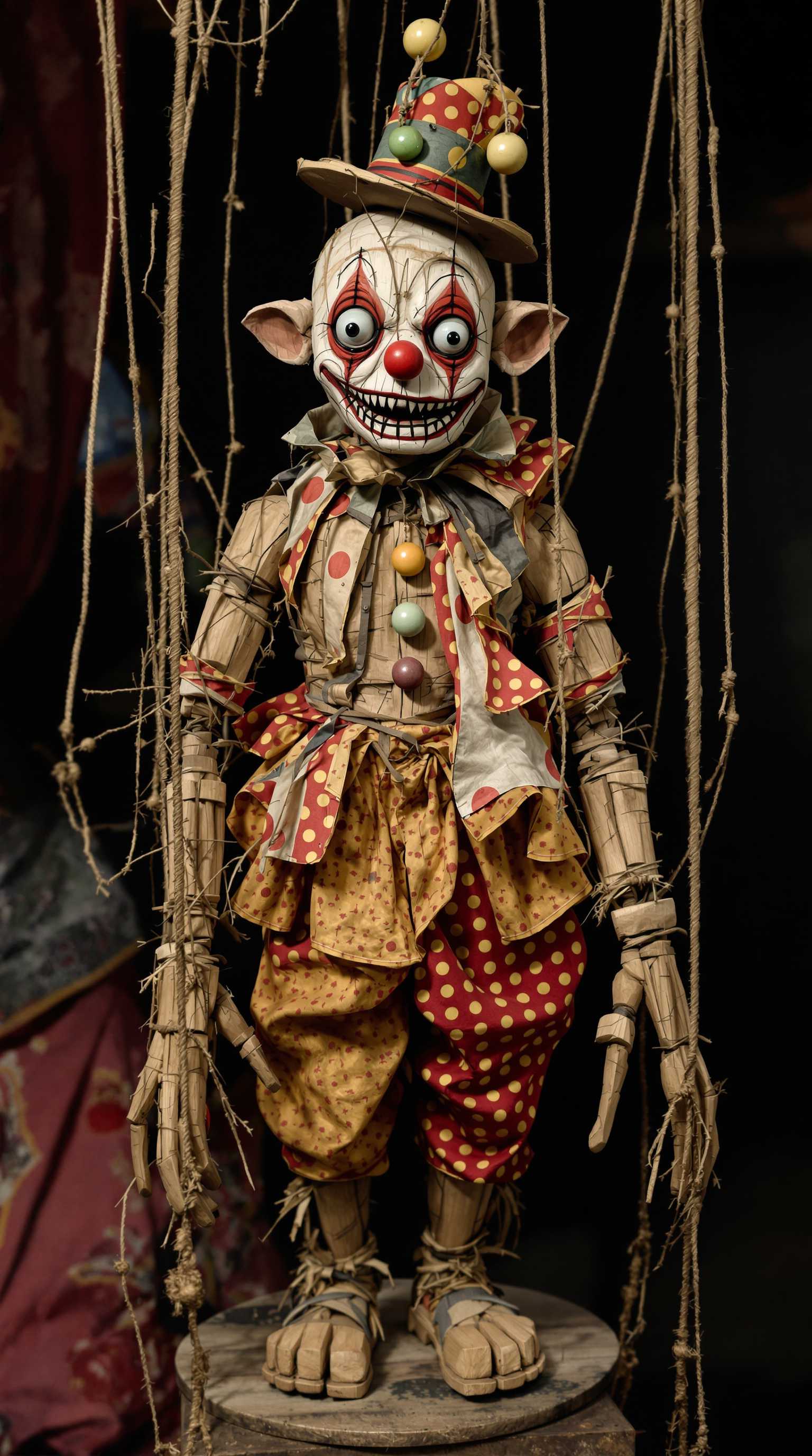 stringless wooden sculpture puppet clownsville apocalypse



