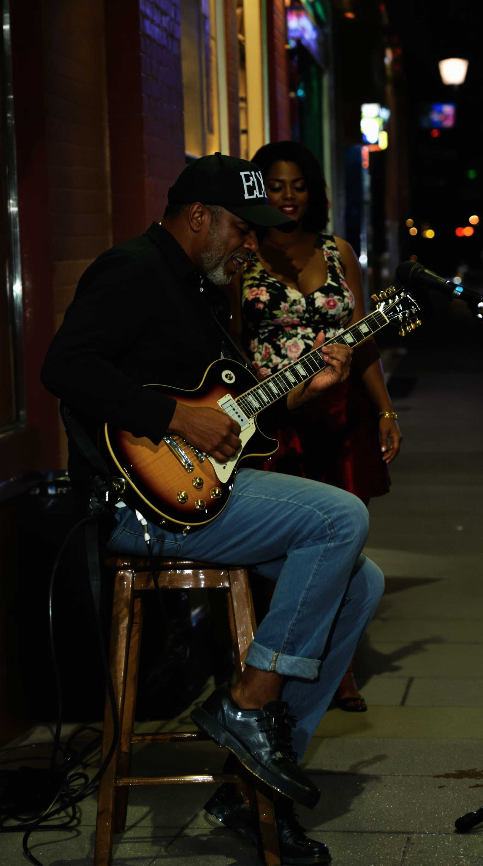 Capture the essence of a seasoned blues guitarist, passionately strumming his electric guitar while seated on a stool along a Bronx sidewalk on a Saturday night. Behind him stands a beautiful woman of color, fully immersed in the soulful music he creates.