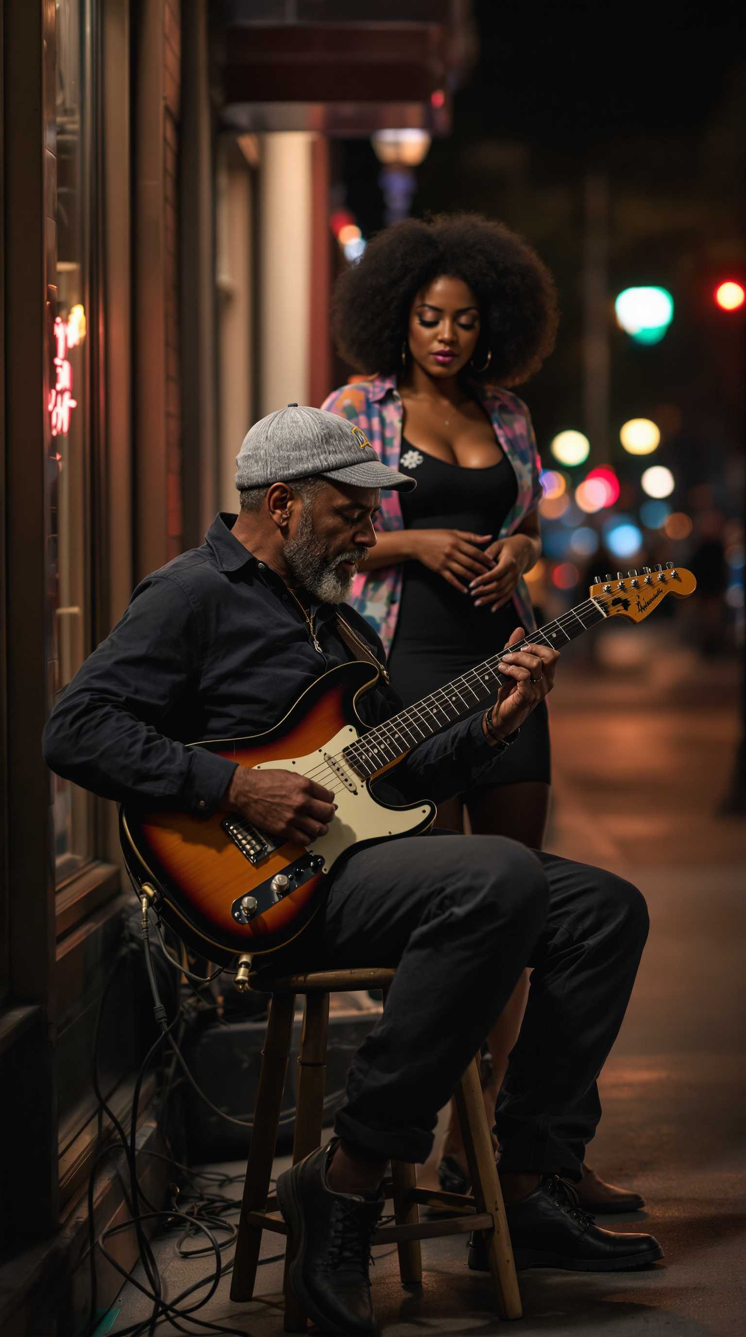 Capture the essence of a seasoned blues guitarist, passionately strumming his electric guitar while seated on a stool along a Bronx sidewalk on a Saturday night. Behind him stands a beautiful woman of color, fully immersed in the soulful music he creates.