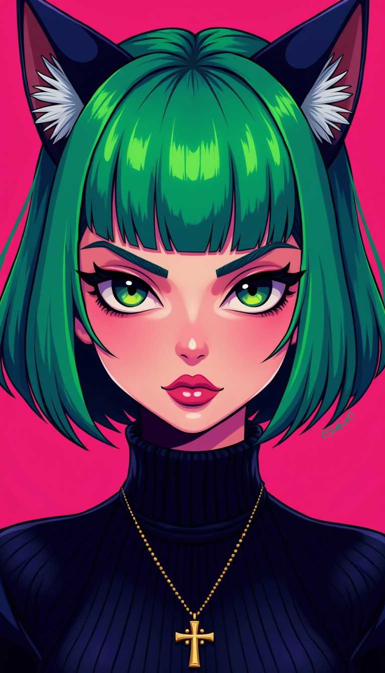 This image is a closeup portrait of a stylized character with a distinct pop art influence. The medium appears to be digital painting, given the smooth blending of colors and the crisp lines. The character has a bold, almost confrontational expression, with a furrowed brow and a direct, piercing gaze.The art style is characterized by its vibrant, neonlike color palette, with a predominance of purples, blues, and greens. The use of these colors gives the image a surreal, almost otherworldly quality. The characters hair is a striking shade of neon green with a gradient effect that transitions to a deeper blue at the tips, giving it a dimensional appearance.The hair is styled in a bob cut with a blunt fringe that sits just above the forehead, and the character has pointed ears that suggest a catlike appearance. The ears are a deep black with a lighter inner hue, and they are perked up, adding to the characters assertive demeanor.The character is wearing a highnecked, black garment that has a subtle texture, giving the impression of a knit or ribbed fabric. Around the neck, there is a simple, elegant necklace with a cross pendant, which contrasts with the characters otherwise edgy look.The background is a uniform shade of pink, which serves to highlight the character and the vivid colors of their hair and attire. 