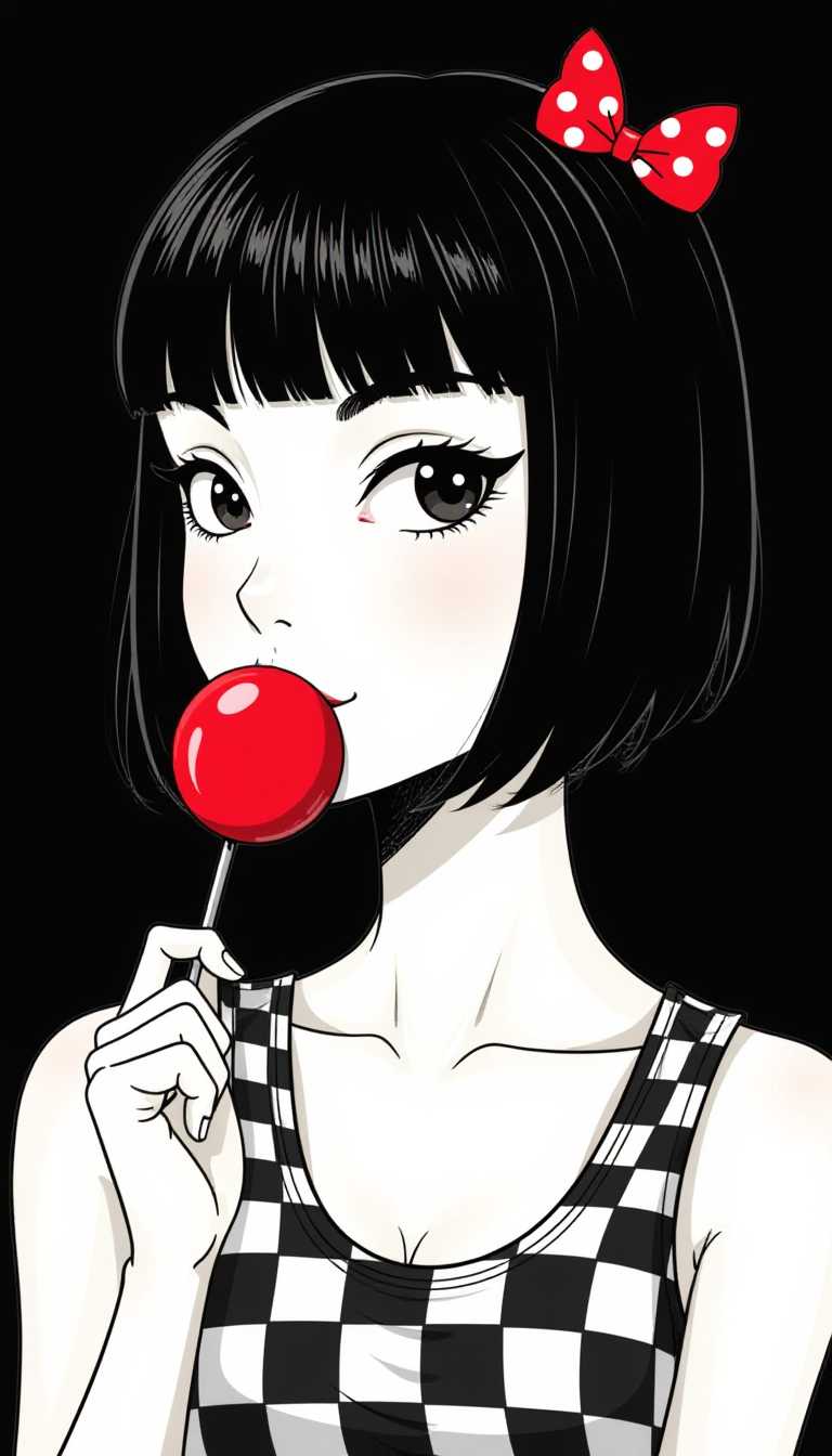This image is a stylized illustration that features a monochromatic color scheme with a pop of red. The art style is reminiscent of pop art, with its clean lines, bold outlines, and a sense of playfulness. The medium appears to be digital, given the crispness and smoothness of the lines and the evenness of the color application.The subject of the image is a person with a short, straight haircut that is neatly trimmed and has a glossy finish. The hair is black with a high contrast, and the bangs are cut straight across the forehead. The person is wearing a sleeveless top with a checkered pattern, which is a common motif in pop art. The checkered pattern is a mix of black and white squares, creating a bold and striking contrast against the skin tone of the person.The person is holding a red lollipop, which stands out against the black and white color scheme. The lollipop has a shiny, glossy finish, and the stick is visible, giving it a threedimensional appearance. The persons eyes are not visible, but the red of the lollipop suggests a playful and innocent expression.The background is a solid black, which serves to highlight the subject and the red elements in the image. The black background also gives the image a sleek and modern feel. The overall composition of the image is balanced, with the subject centrally placed and the red lollipop drawing the viewers eye directly to the center.The use of color in this image is minimal but impactful. The red of the lollipop and the polka dot bow on the hair are the only red elements in the image, which makes them stand out and draws the viewers attention. The black and white color scheme gives the image a classic and timeless feel, while the glossy finish on the hair and lollipop adds a touch of modernity and sophistication.
