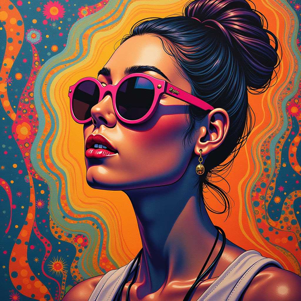 Stylish Woman in Pink Sunglasses and Colorful Background