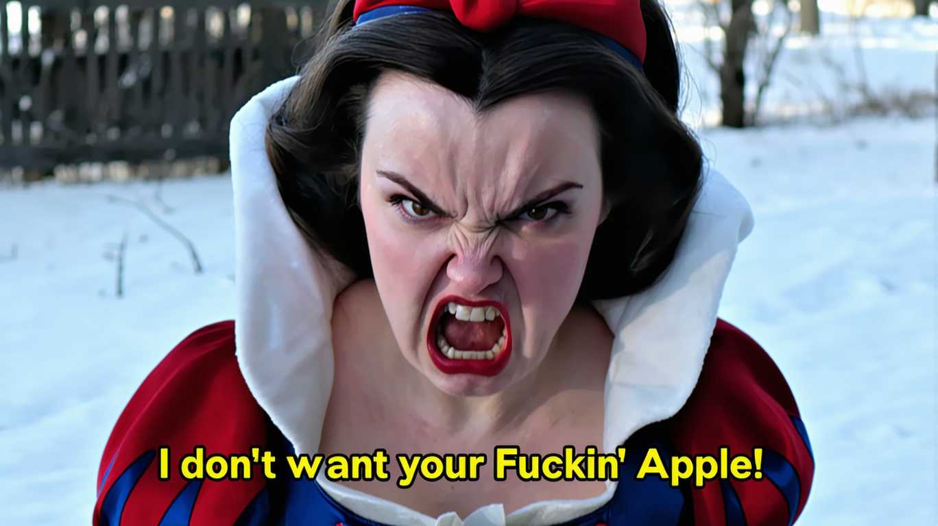 snow white ,walt disney style , angry realistic cinematic,caption at the bottom saying "I don't want your Fuckin' Apple!"