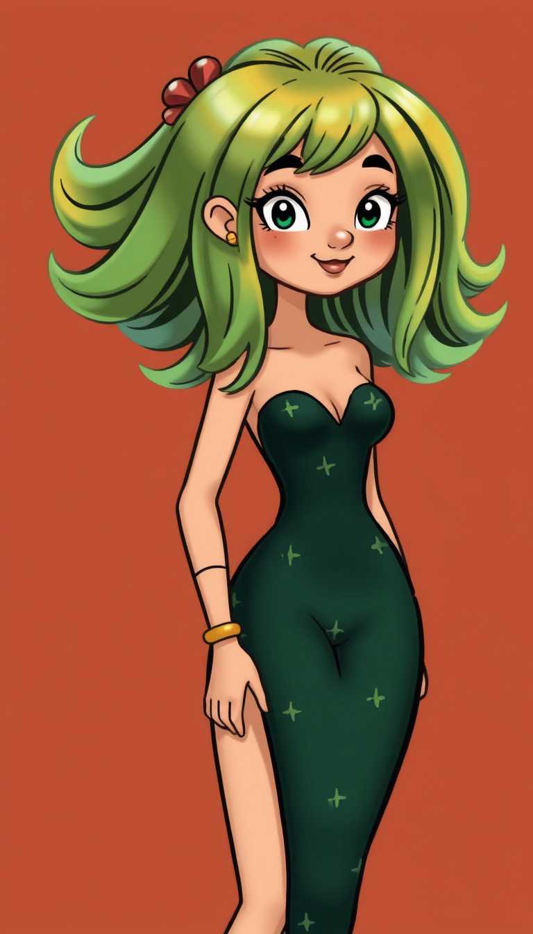 This image is a stylized illustration of a female figure. The art style is whimsical and cartoonish, with a playful and fantastical feel. The medium appears to be digital painting, given the smooth blending of colors and the lack of texture that might be present in traditional mediums like oil or watercolor.The colors in the image are warm and muted, with a rich brown background that contrasts with the lighter tones of the figure. The figures hair is a vibrant green with a gradient effect, transitioning from a darker root to a lighter, almost yellowish tip. The hair is styled in loose, swirling curls that give it a dynamic and flowing appearance. There are red and yellow accents in the hair, which could be interpreted as jewels or accessories.The figure is wearing a dark green bodysuit with a star pattern, which gives it a celestial or night sky vibe. The bodysuit is fitted and formfitting, with a low neckline and a high slit that reveals the figures legs. The figures arms are bare, and there are gold details on the wrists and elbows, which could be bracelets or part of the bodysuit design.The figures legs are crossed at the ankles, and her feet are not visible. Her expression is one of contemplation or mild concern, with furrowed brows and a slight frown. There are small, white stars and crosses scattered around her, possibly representing constellations or a magical aura.